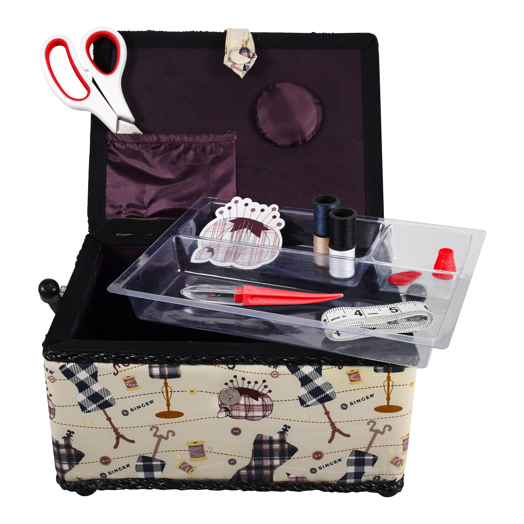 SINGER&#xAE; Large Classic Sewing Print Sewing Basket with Sewing Scissors &#x26; Notions