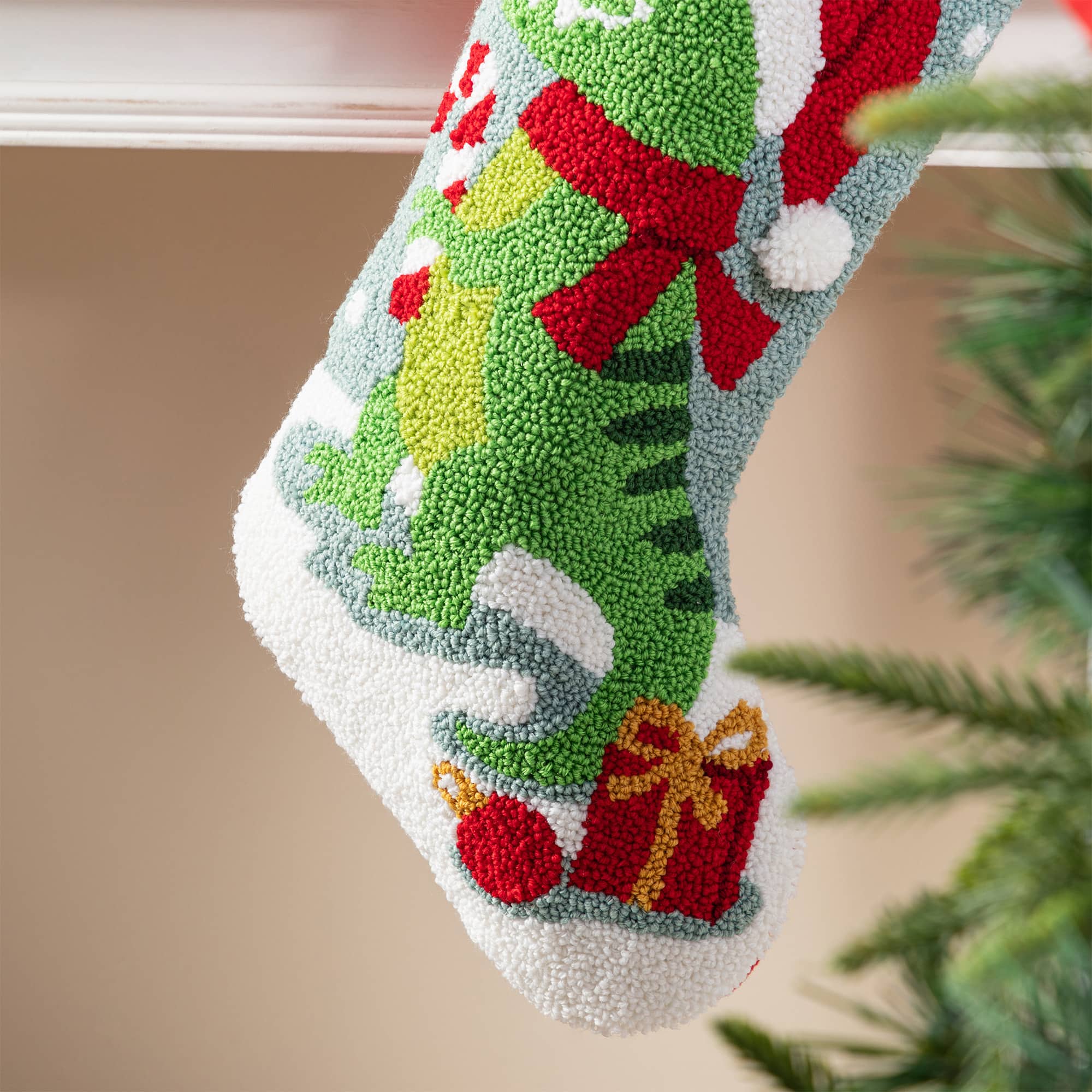 Glitzhome&#xAE; 21&#x22;L Hooked Christmas Dinosaur Stocking