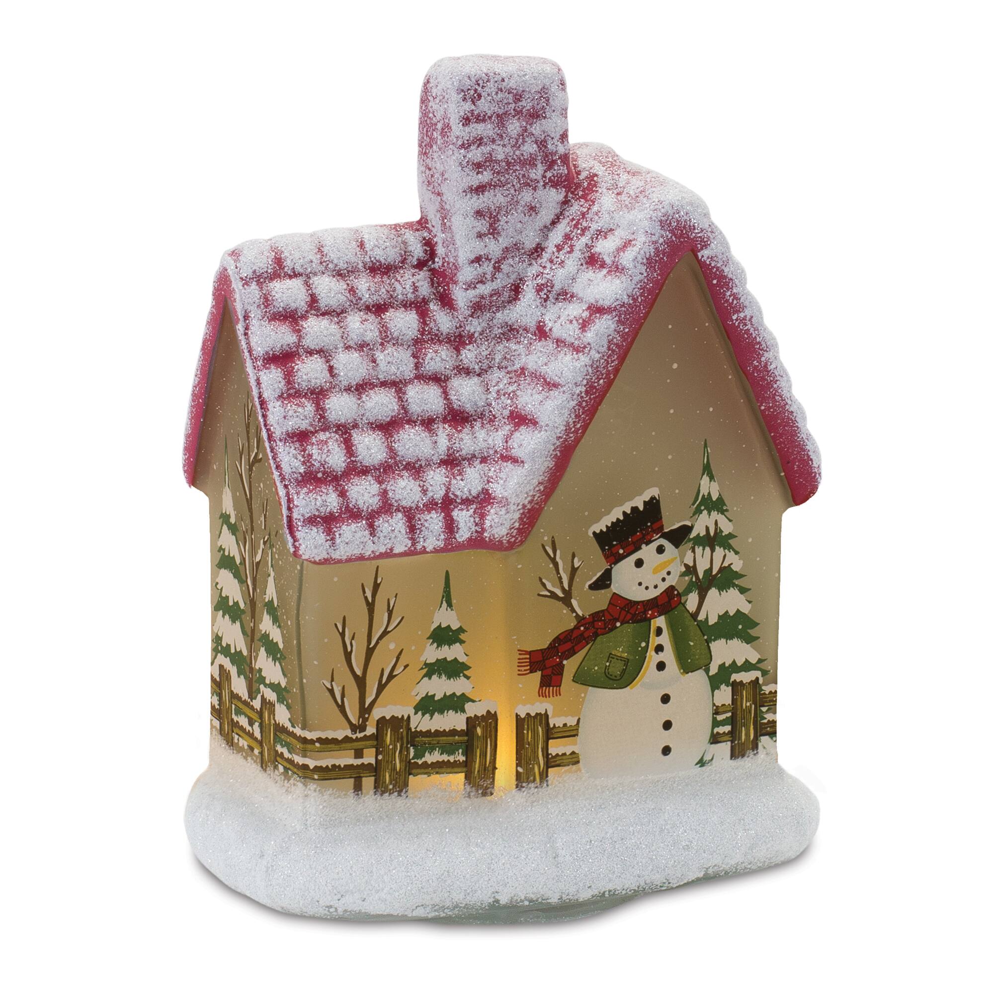 7.5" Frosted Glass Home with Snowman LED Tabletop Town Décor Set