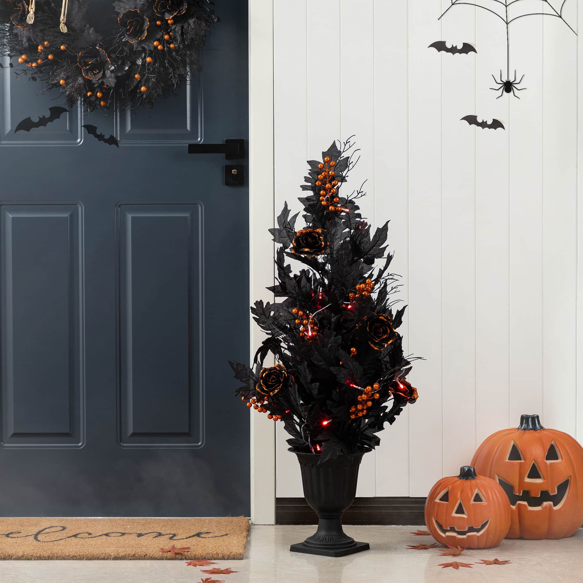 Glitzhome&#xAE; 36&#x22;H Halloween Lighted Black Rose with Orange Glitter Urn Porch Tree with Timer