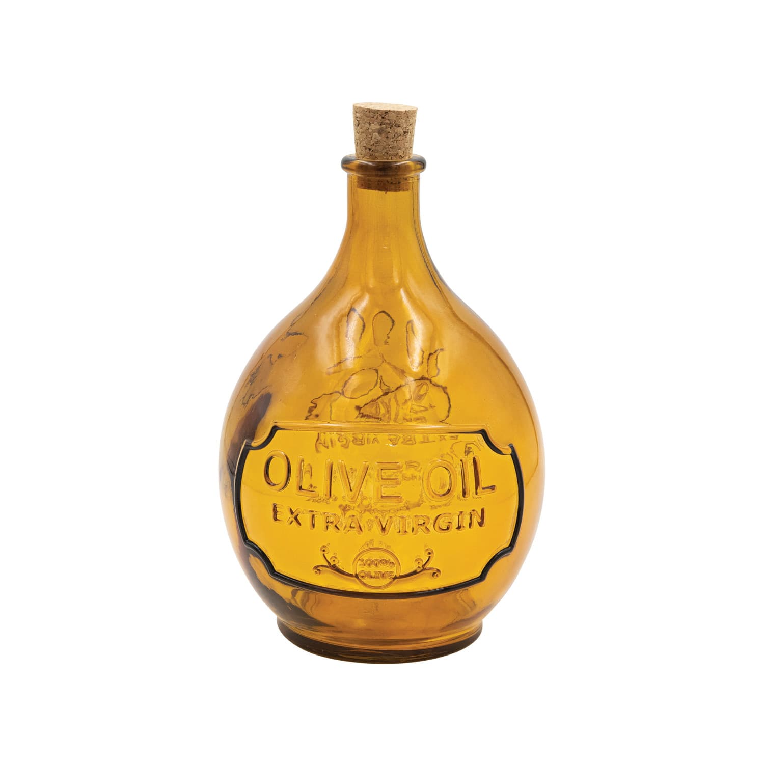 Hello Honey® 7" Amber Olive Oil Embossed Reclaimed Glass Bottle with Cork