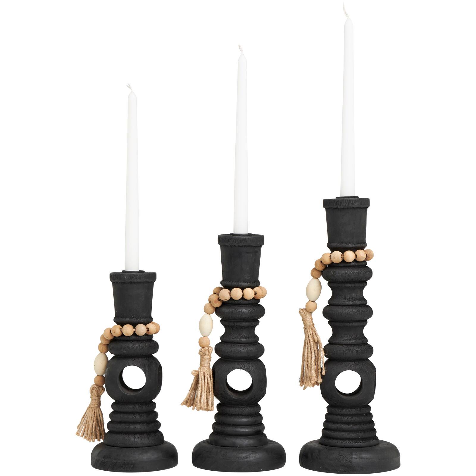 Black Wood Handmade Textured Matte Candle Holder with Beaded Garland Set