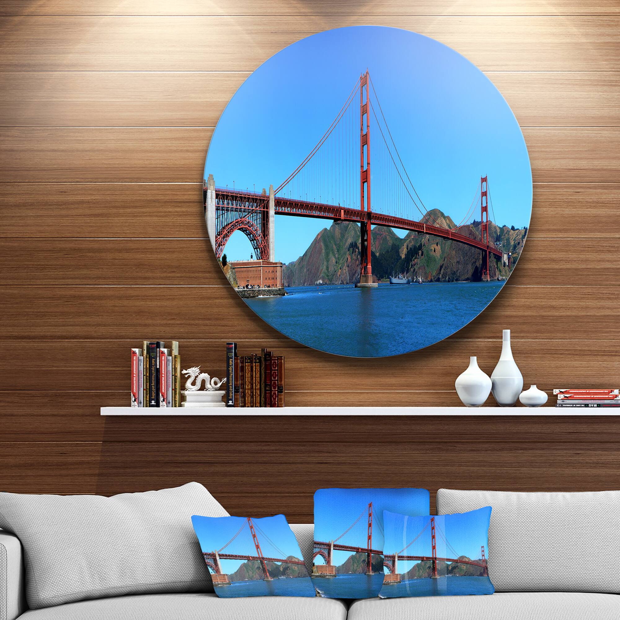 Designart - Golden Gate Bridge under Blue Sky' Ultra Glossy Cityscape Circle Wall Art