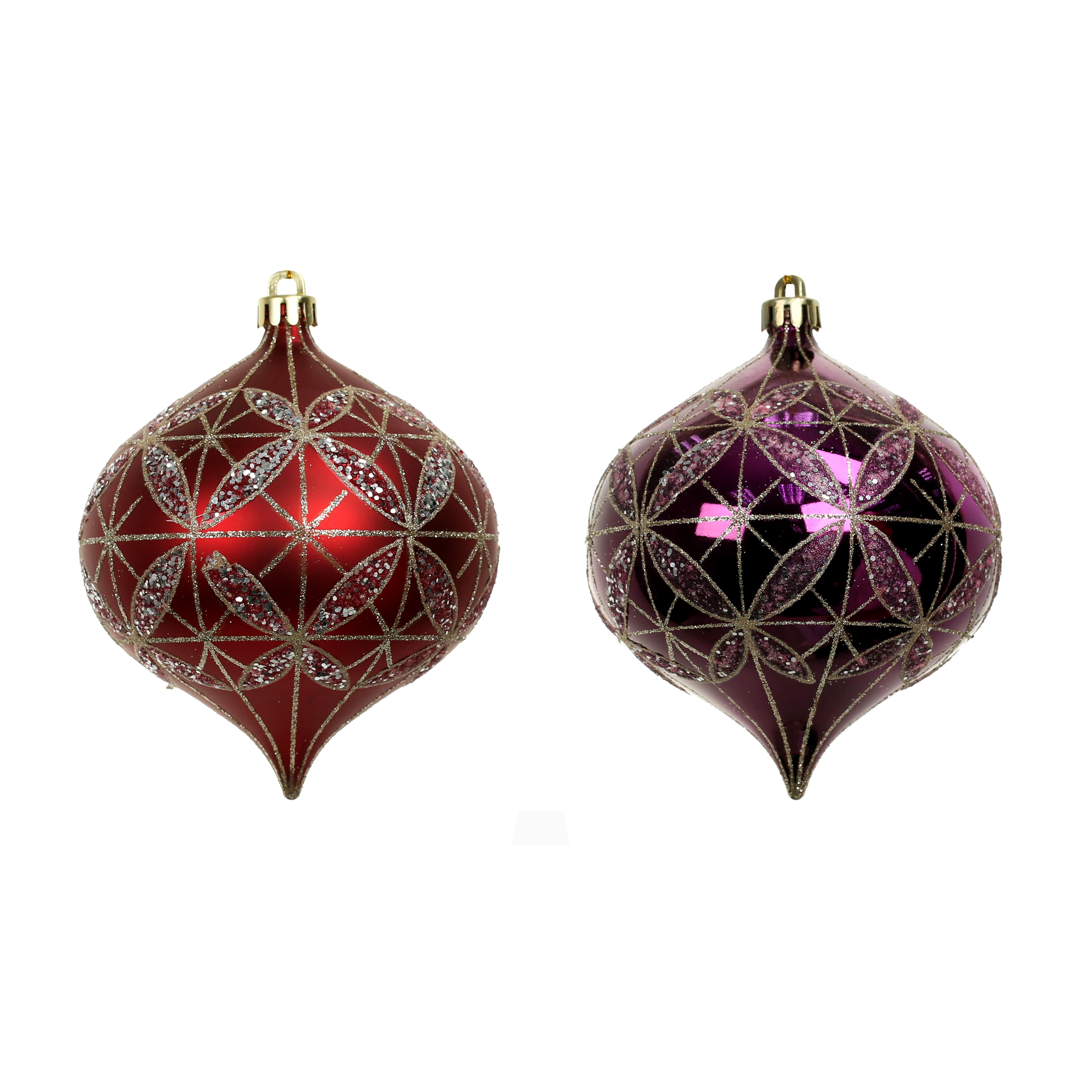 4 Pack 4.7&#x22; Purple &#x26; Red Glittered Geometric Shatterproof Onion Ornaments by Ashland&#xAE;