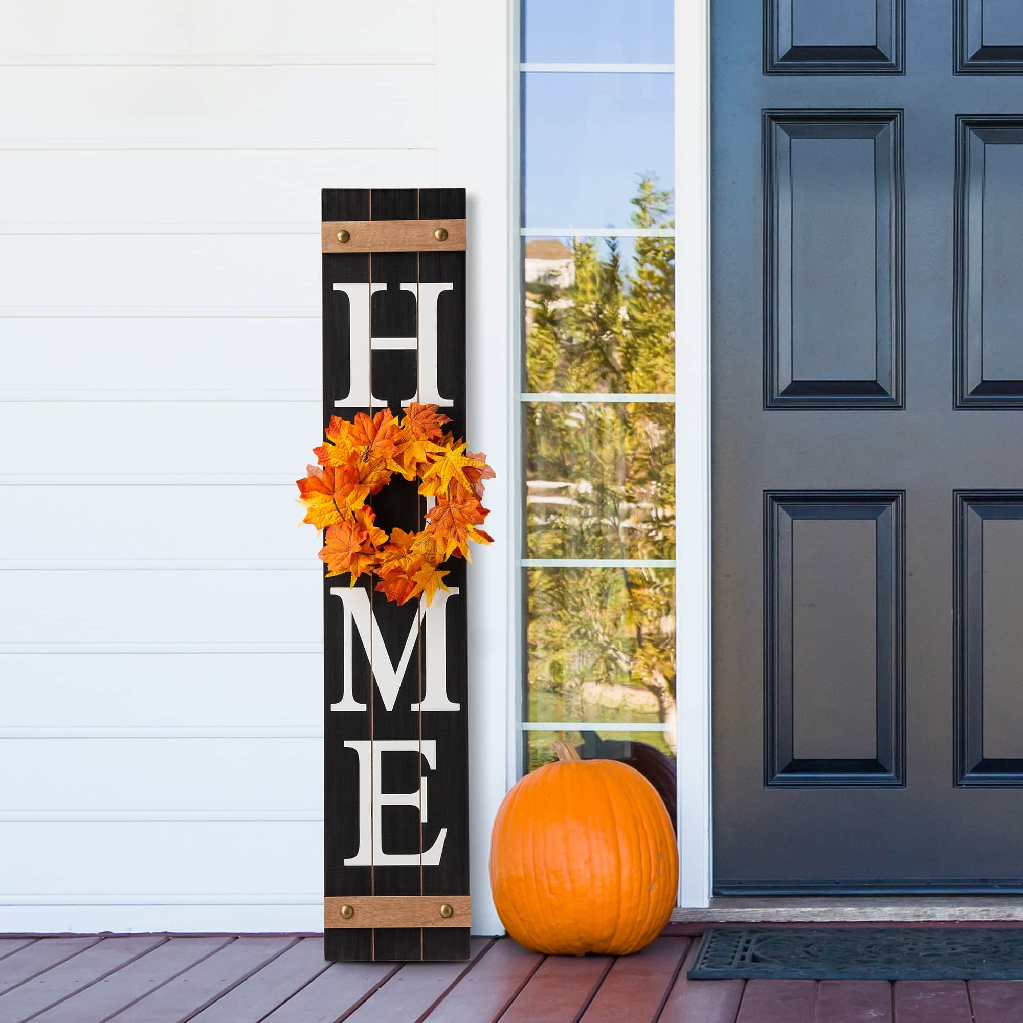 Glitzhome&#xAE; 42&#x22; Black Home Wood Porch Sign with 3 Changeable Wreaths