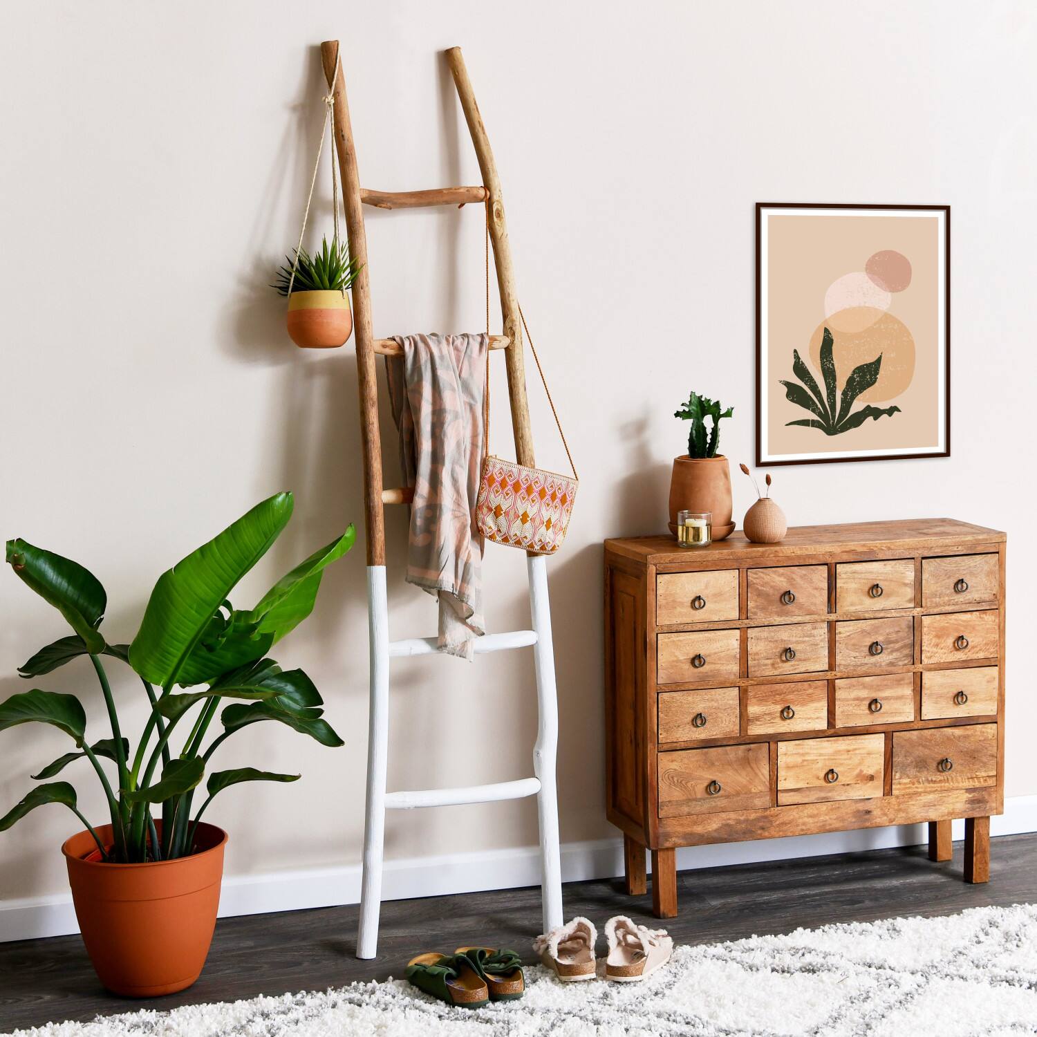Hello Honey&#xAE; 6ft. Natural &#x26; White Boho Wood Decorative Blanket Ladder