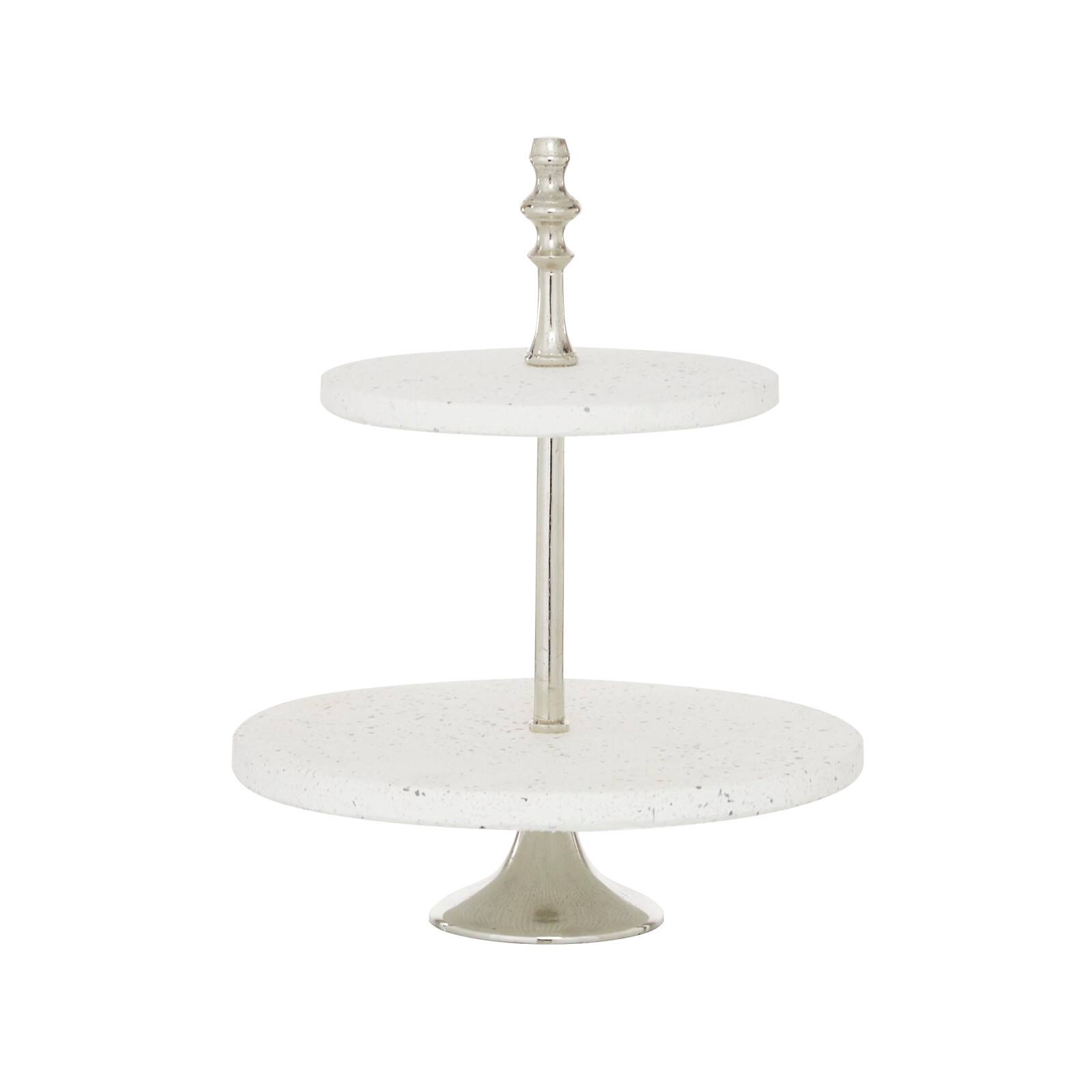 White Stoneware &#x26; Aluminum 2 Tier Tray Stand