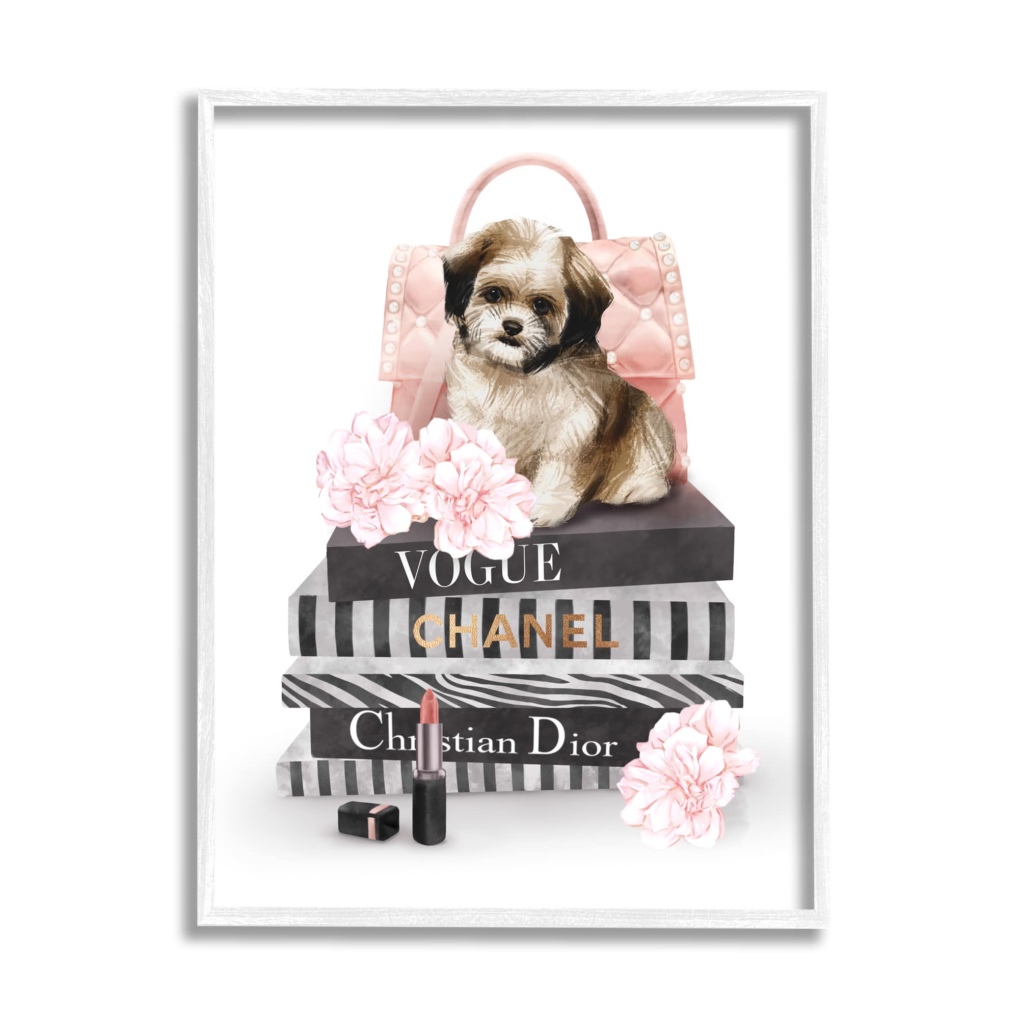 Stupell Industries Fluffy Puppy on Fashion Books Pink Florals Framed Wall Art