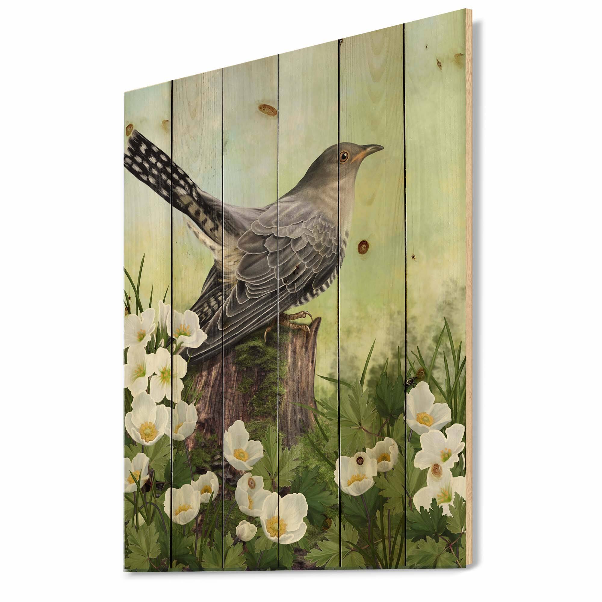 Designart - Cuckoo Bird On An Old Stump - Traditional Print on Natural Pine Wood