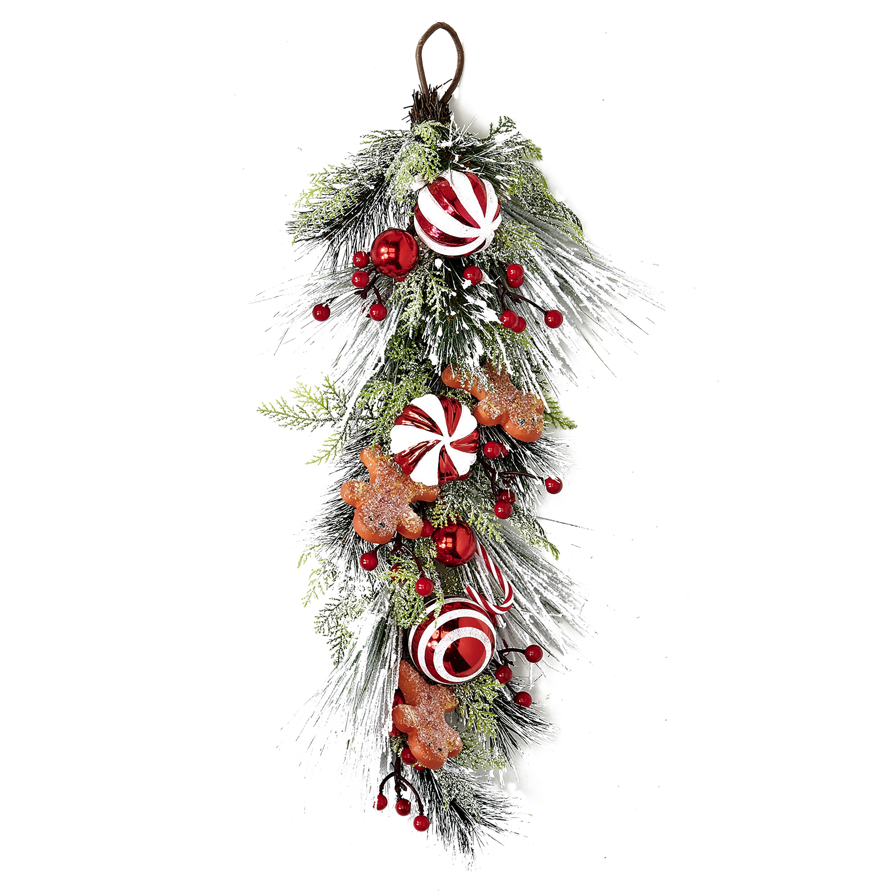 28" Snowy Christmas Artificial Pine Berry Ball Floral Teardrop with Gingerbread Men