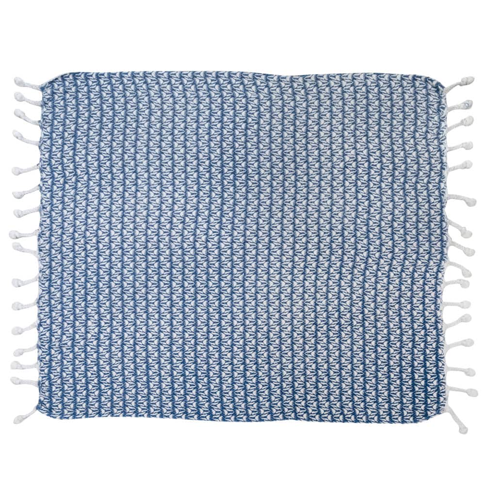 Hello Honey® Blue & Cream Printed Cotton Throw Blanket with Braided Pom Pom Tassels