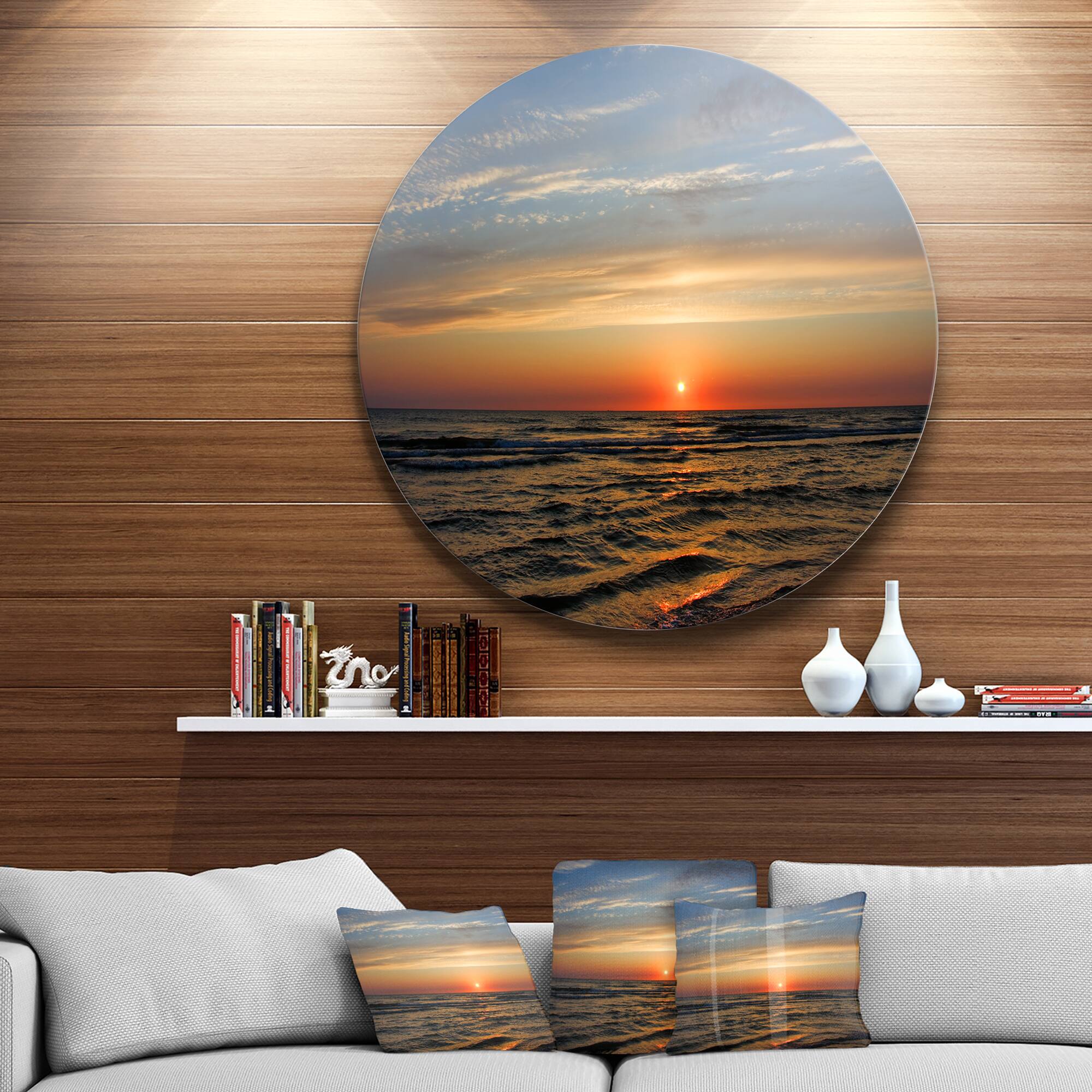 Designart - Red Sunset with Dark Ocean Waves' Seascape Metal Circle Wall Art