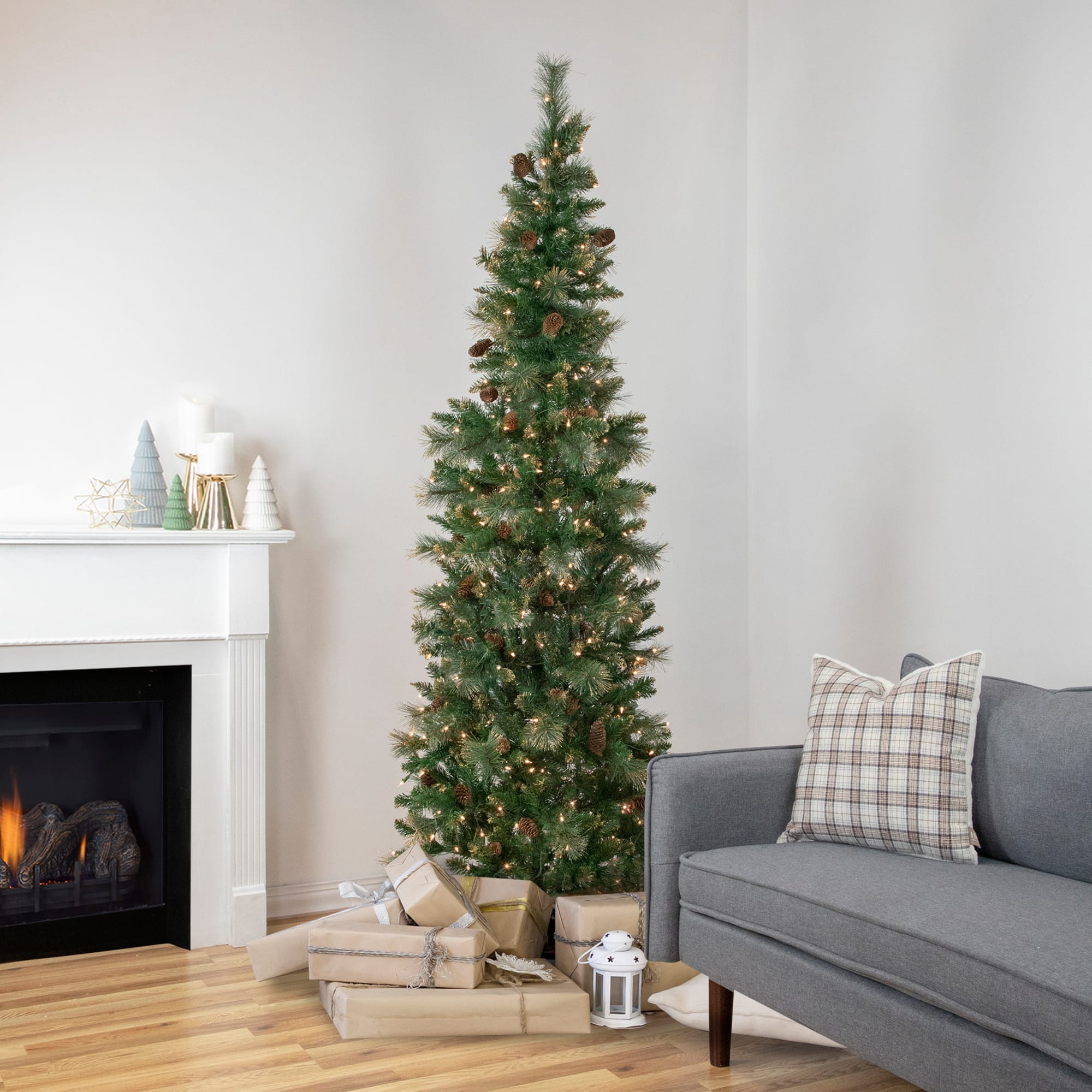 7ft. Pre-Lit Yorkshire Pine Pencil Artificial Christmas Tree with Pinecones &#x26; Gold Glitter, Clear Lights