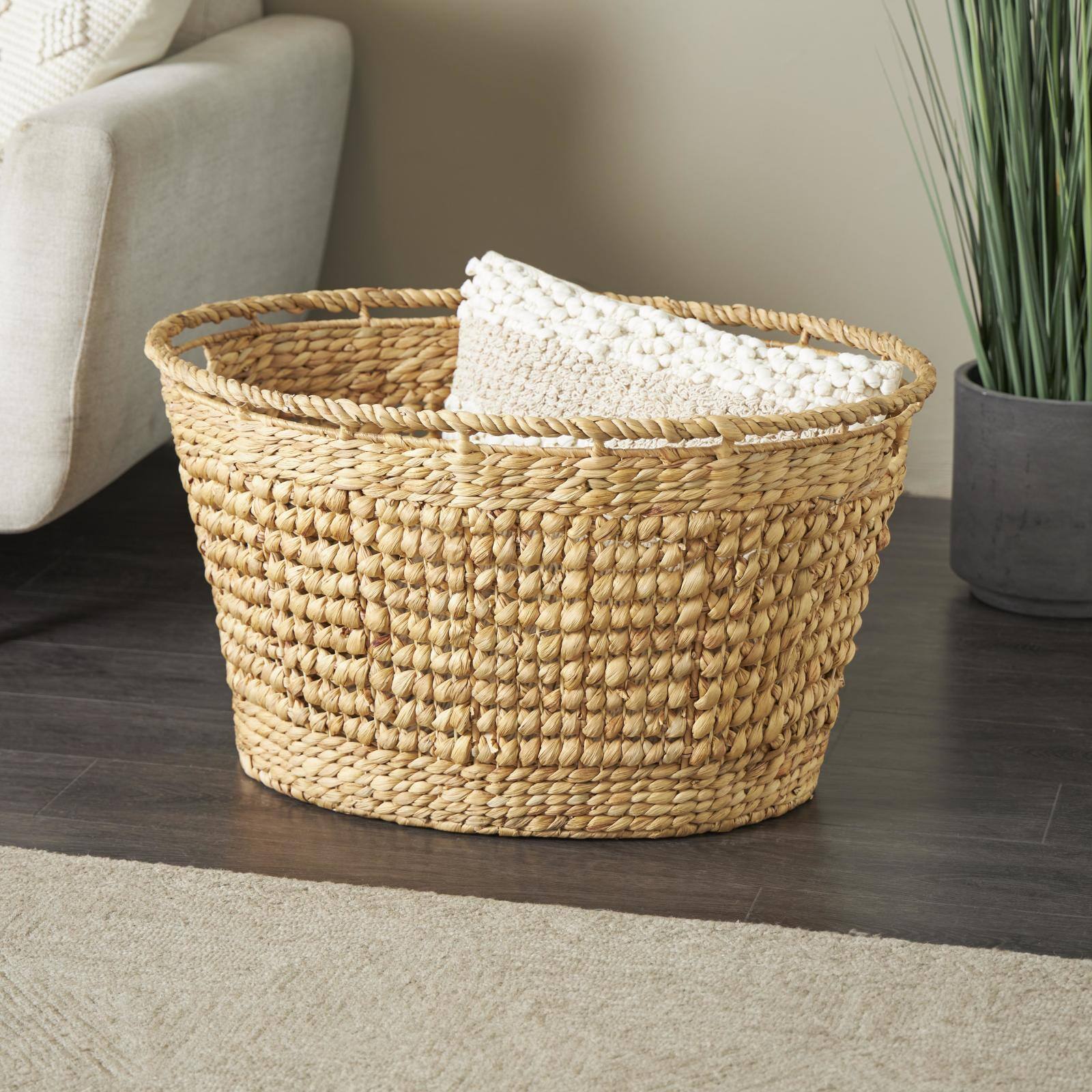 30" Brown Seagrass Handmade Woven Oval Storage Basket with Elevated Rim & Slot Handles
