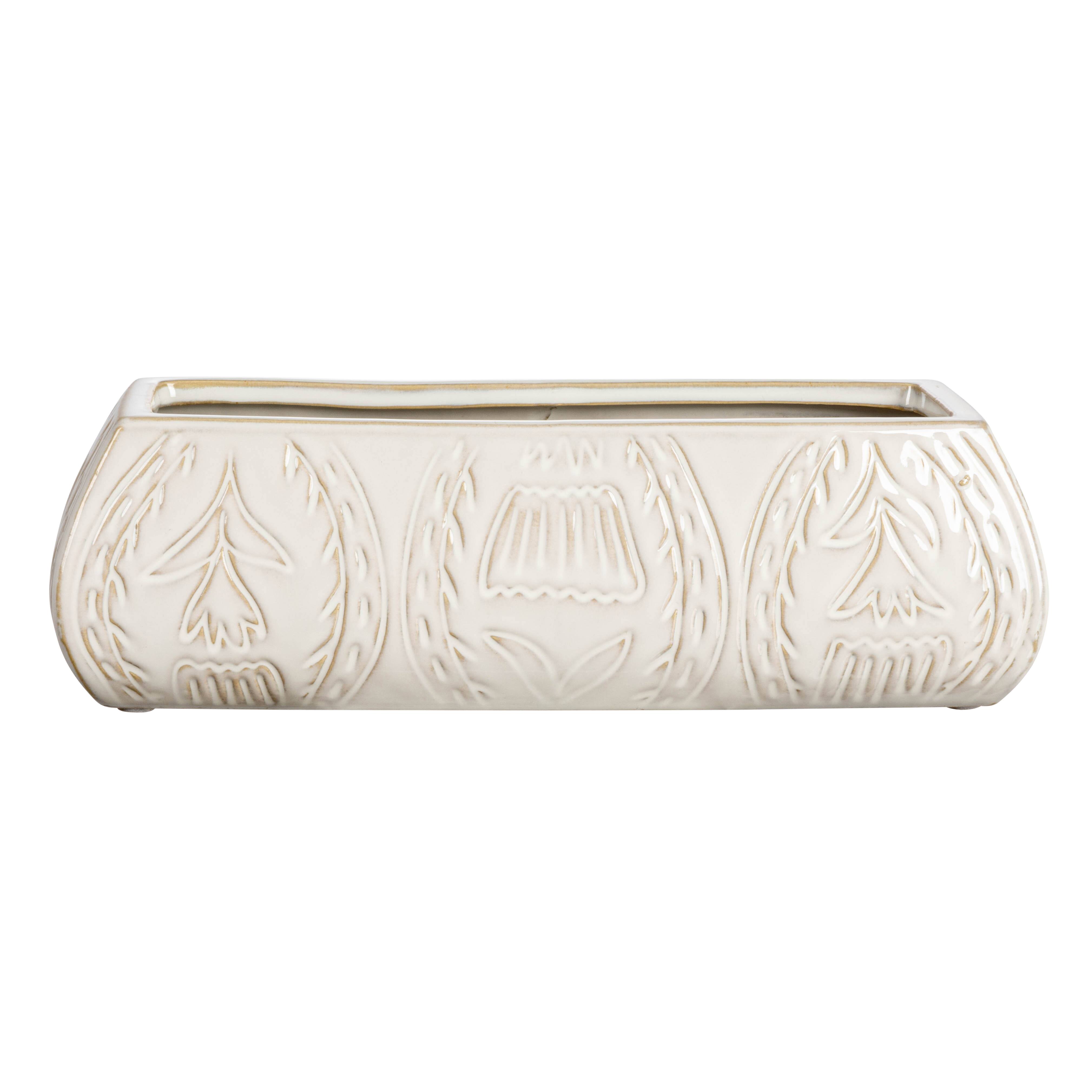 Hello Honey® 10" White Stoneware Planter with Etched Flower Design