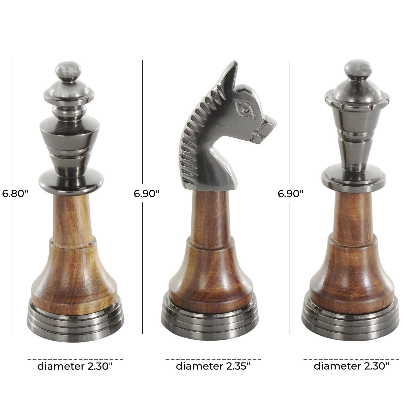 7" Silver Aluminum Metal Chess King, Queen, & Knight Sculpture with Mango Wood Center, 3ct.