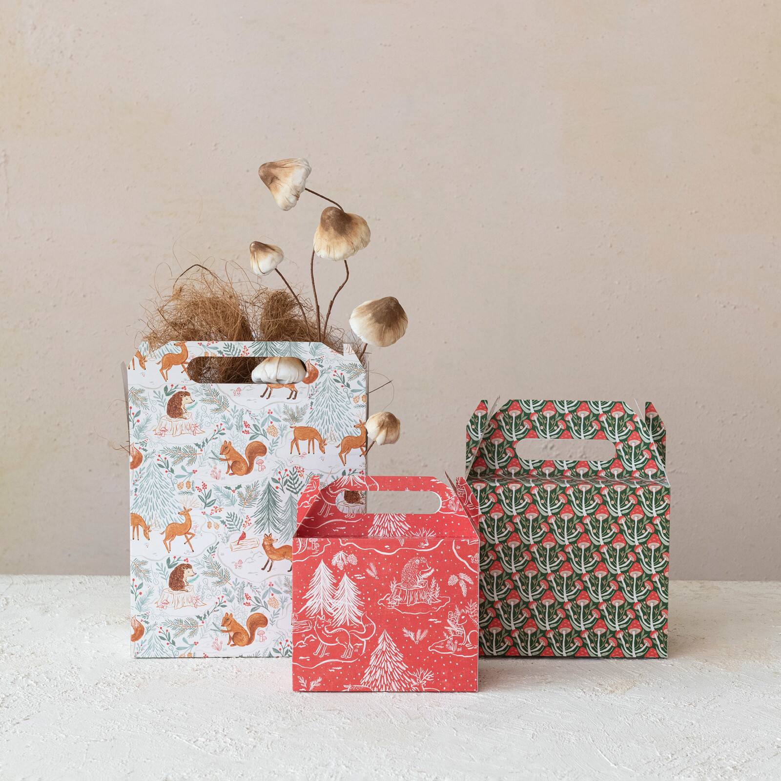 Hello Honey Multicolor Printed Flora &#x26; Fauna Pattern Paper Gift Boxes with Woodland Handles, 3ct.