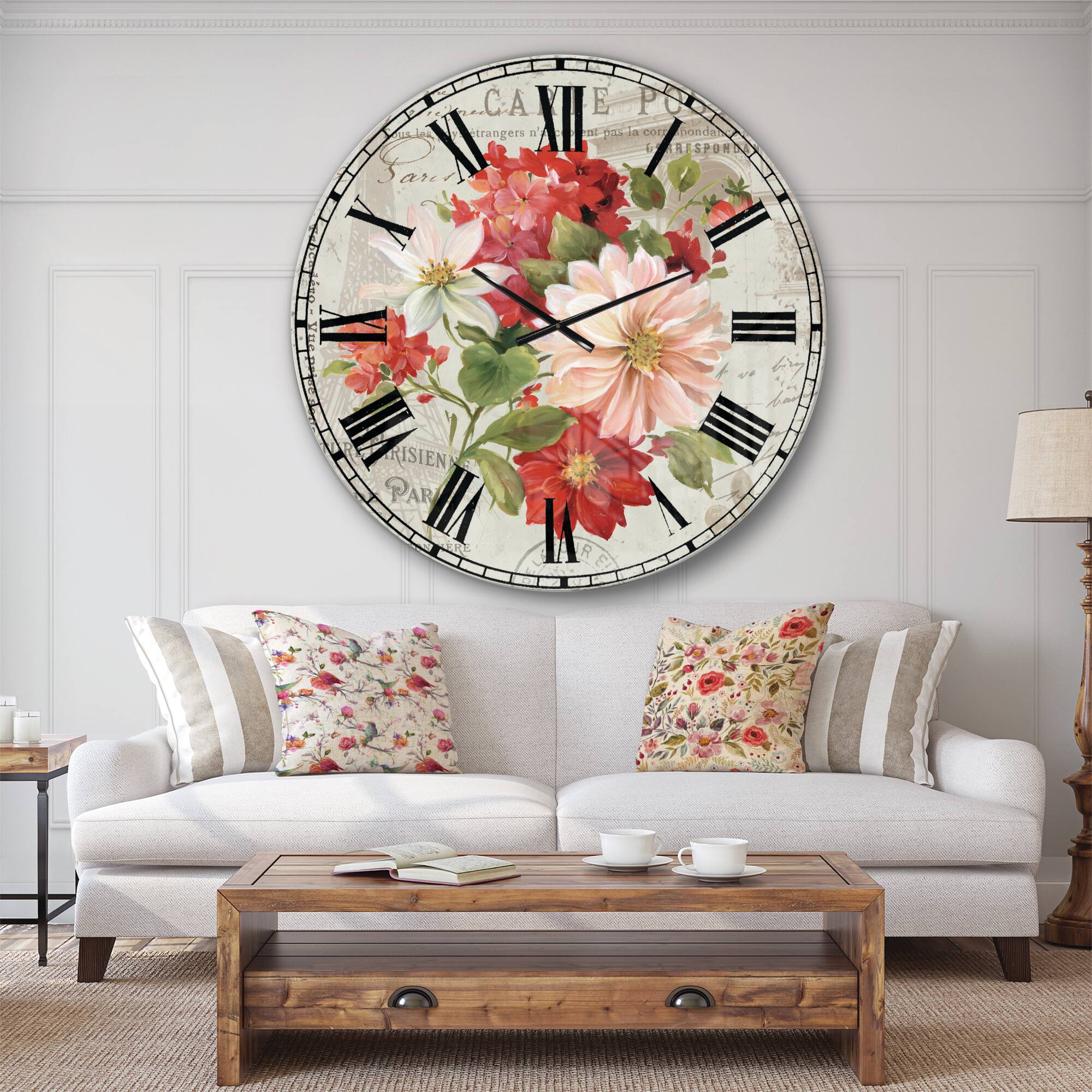 Designart &#x27;Red Painted Flowers On Vintage Postcard Ii Farmhouse Wall Clock