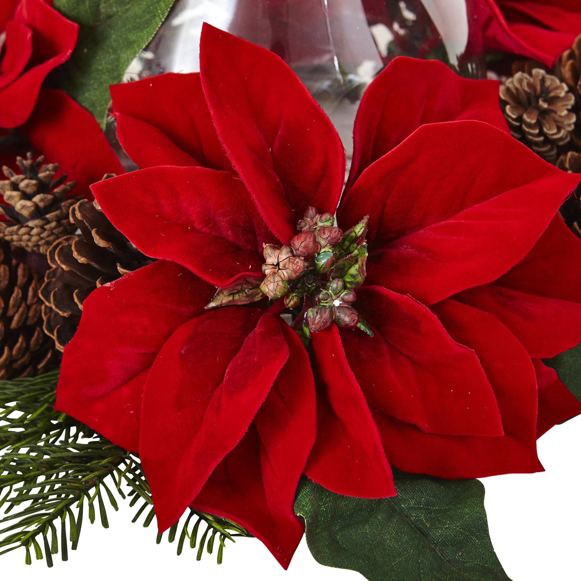 9" Red Poinsettia & Pinecone Candelabrum