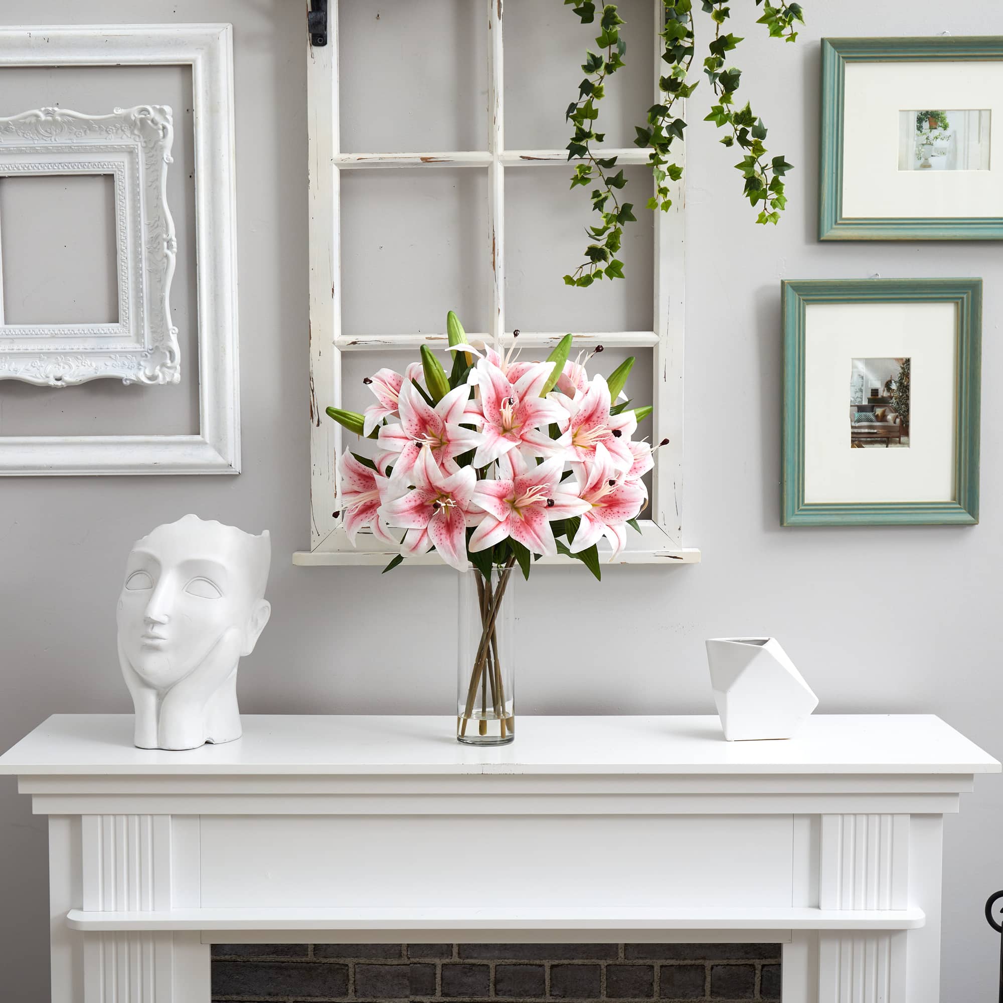 25" Artificial Pink Lily Arrangement with Cylinder Glass Vase