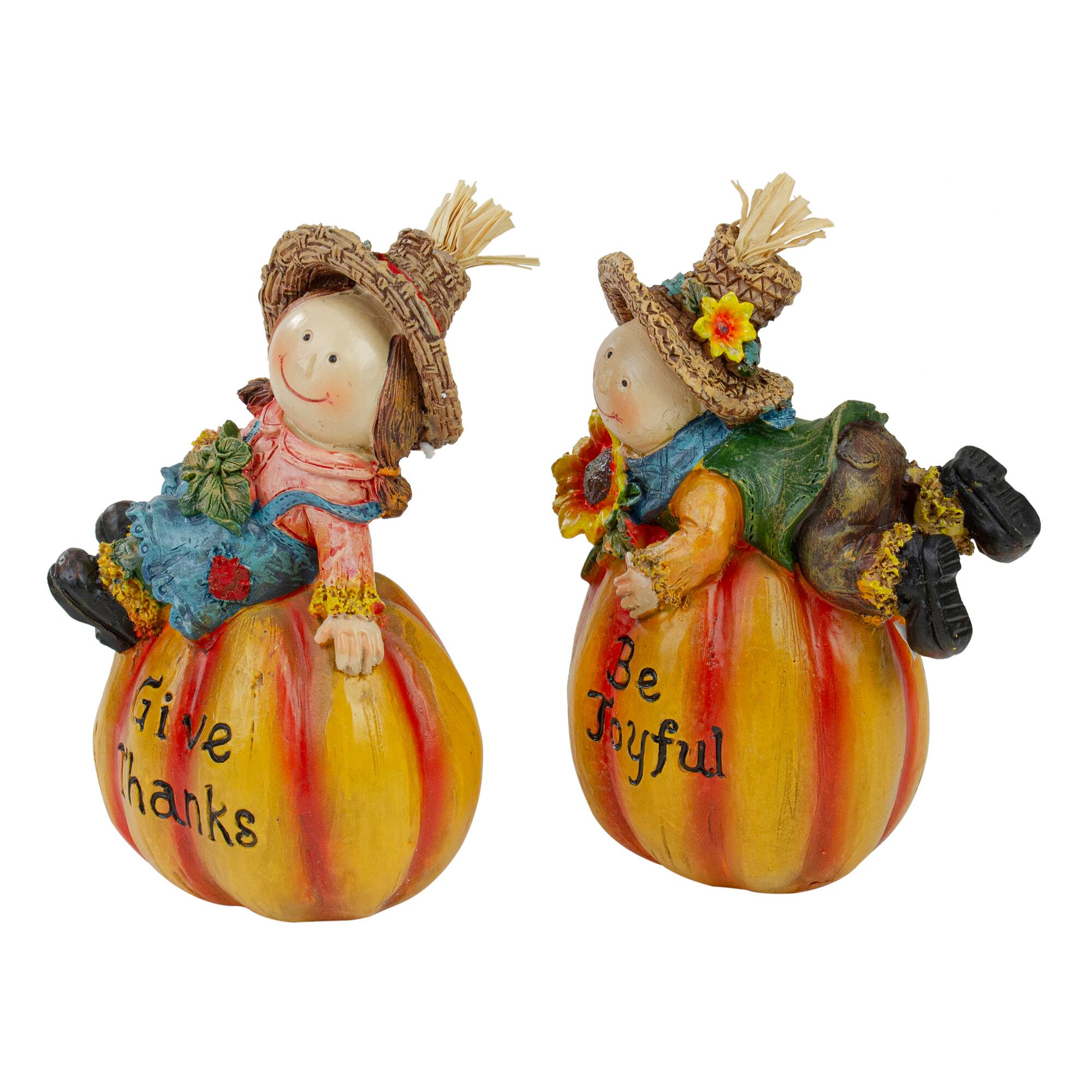 6.5" Girl & Boy Scarecrow Pumpkins Fall Figurines Set