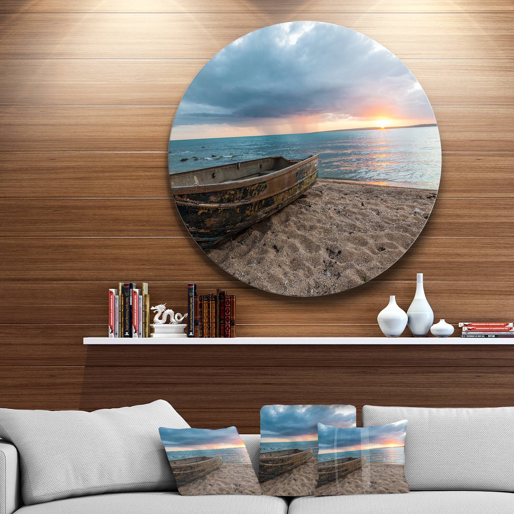 Designart - Rusty Row Boat on Sand at Sunset' Extra Large Seascape Metal Wall Decor