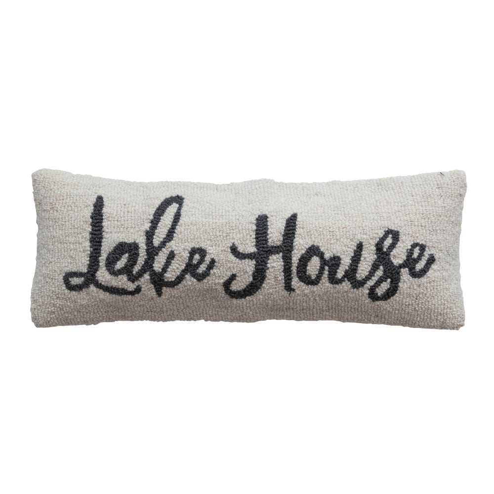 Hello Honey® Cream & Navy Embroidered Lake House Wool & Cotton Lumbar Pillow