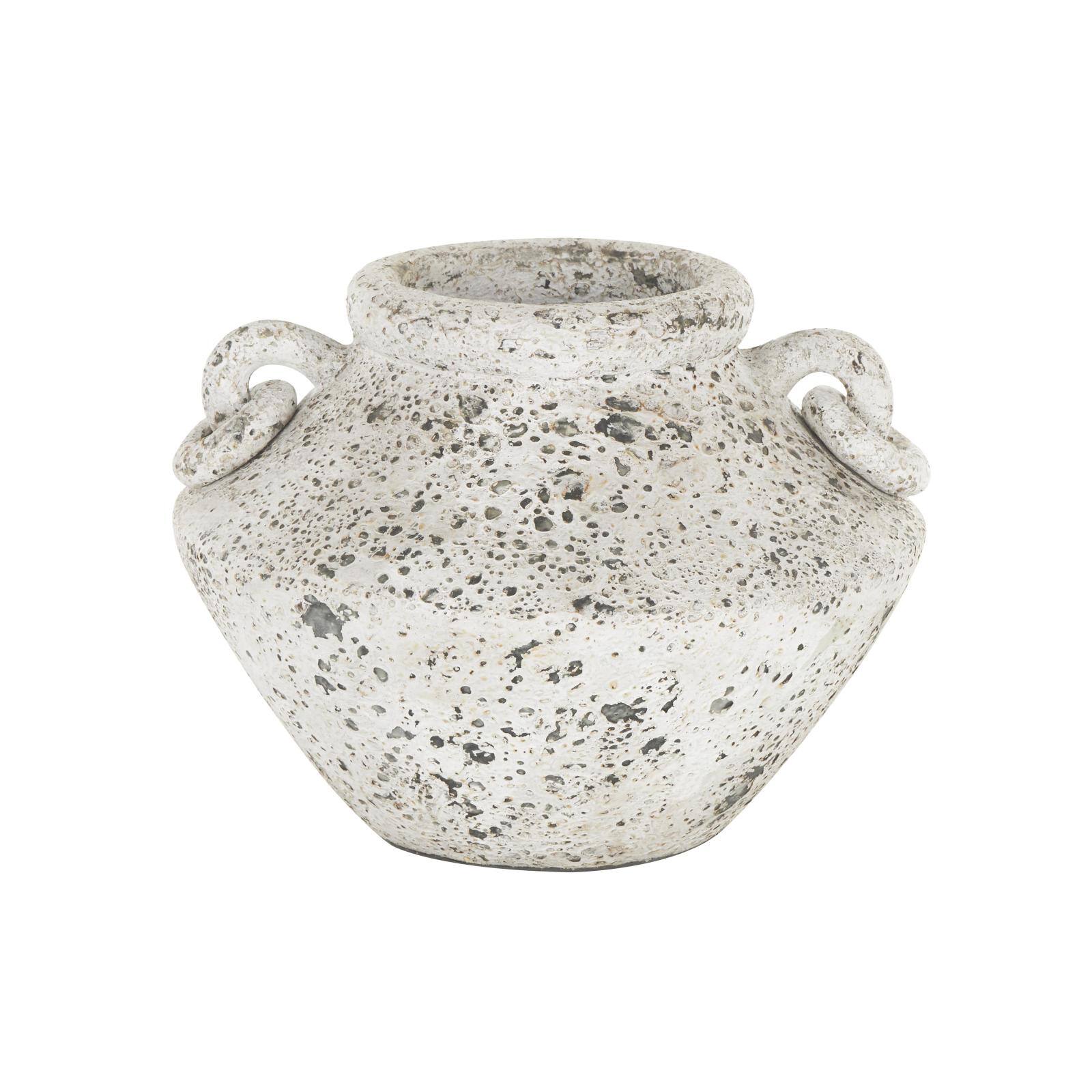 14" White Antique-Style Textured Ceramic Vase with Ring Handles