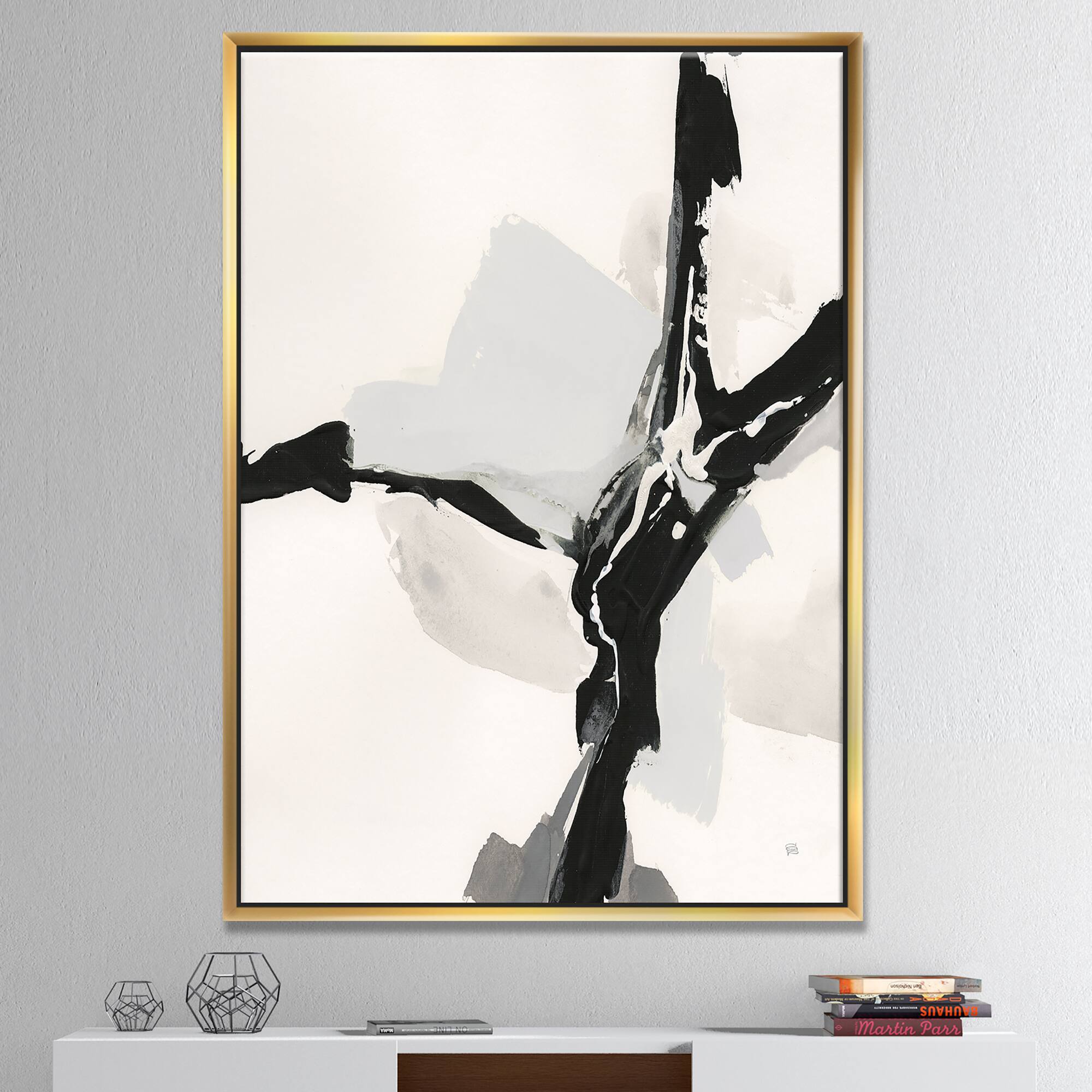 Designart - Abstract Neutral III - Mid-Century Modern Canvas in Gold Frame
