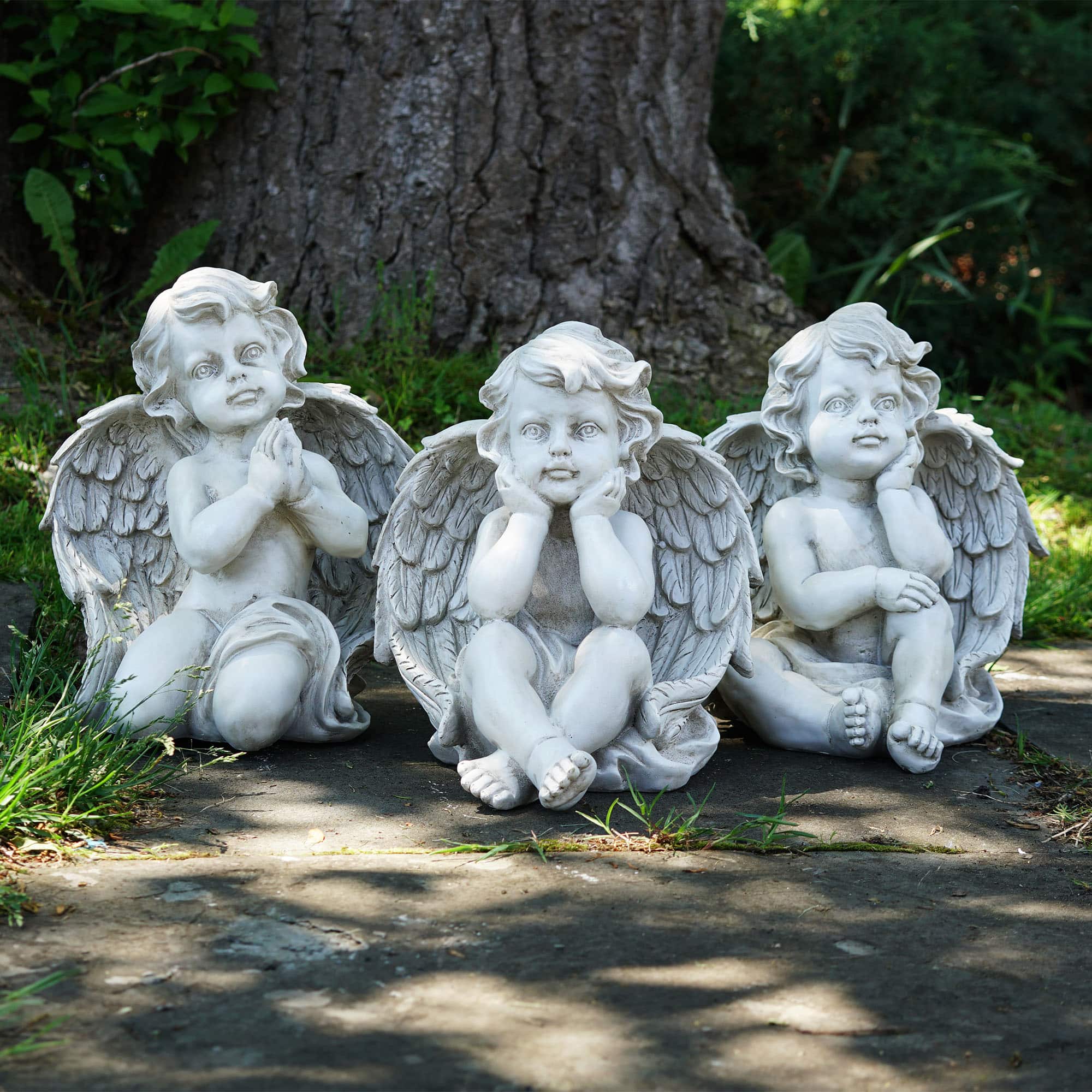 11" Gray Sitting Cherub Angel Decorative Outdoor Garden Statues