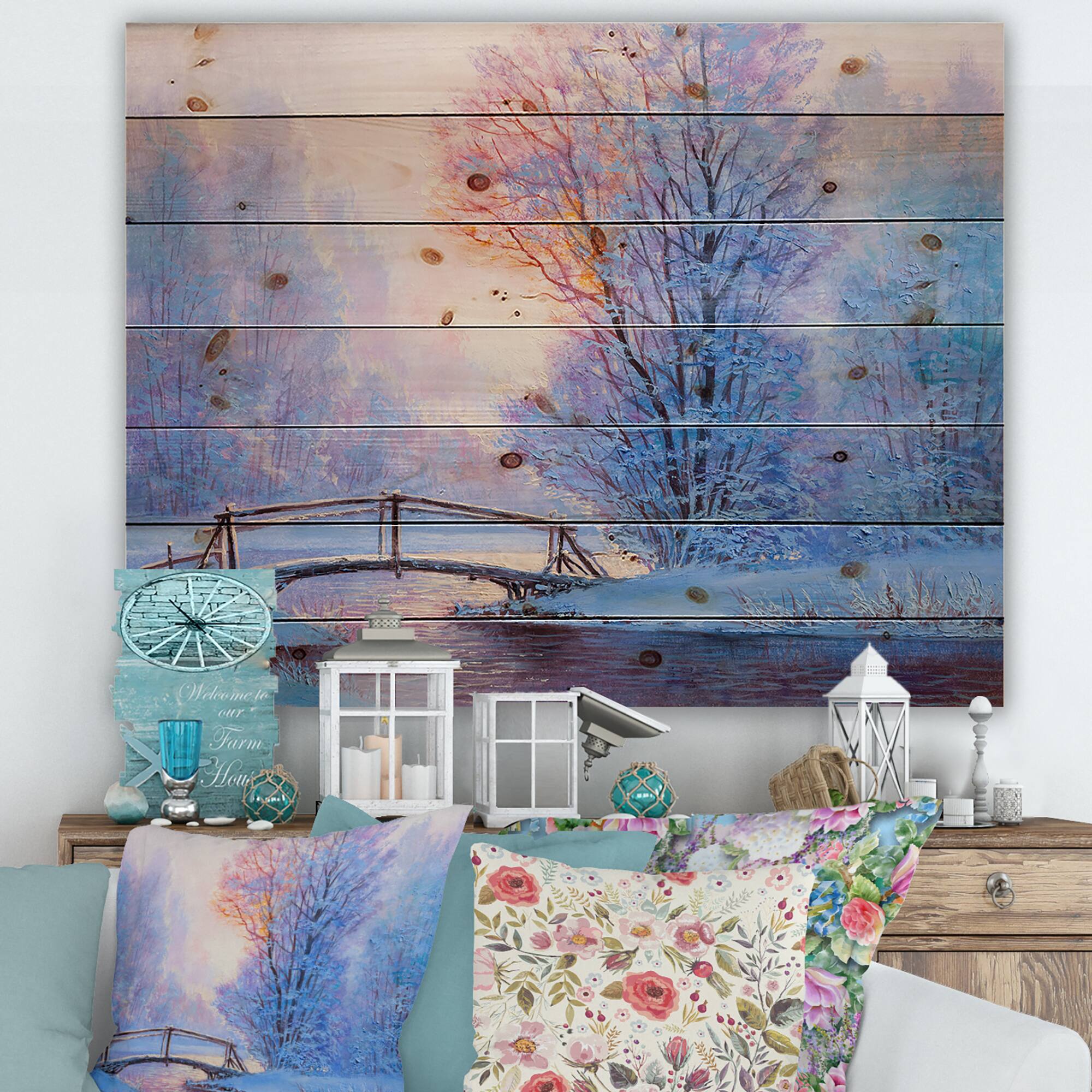 Designart - Winter Landscape With A River and A Bridge - Lake House Print on Natural Pine Wood