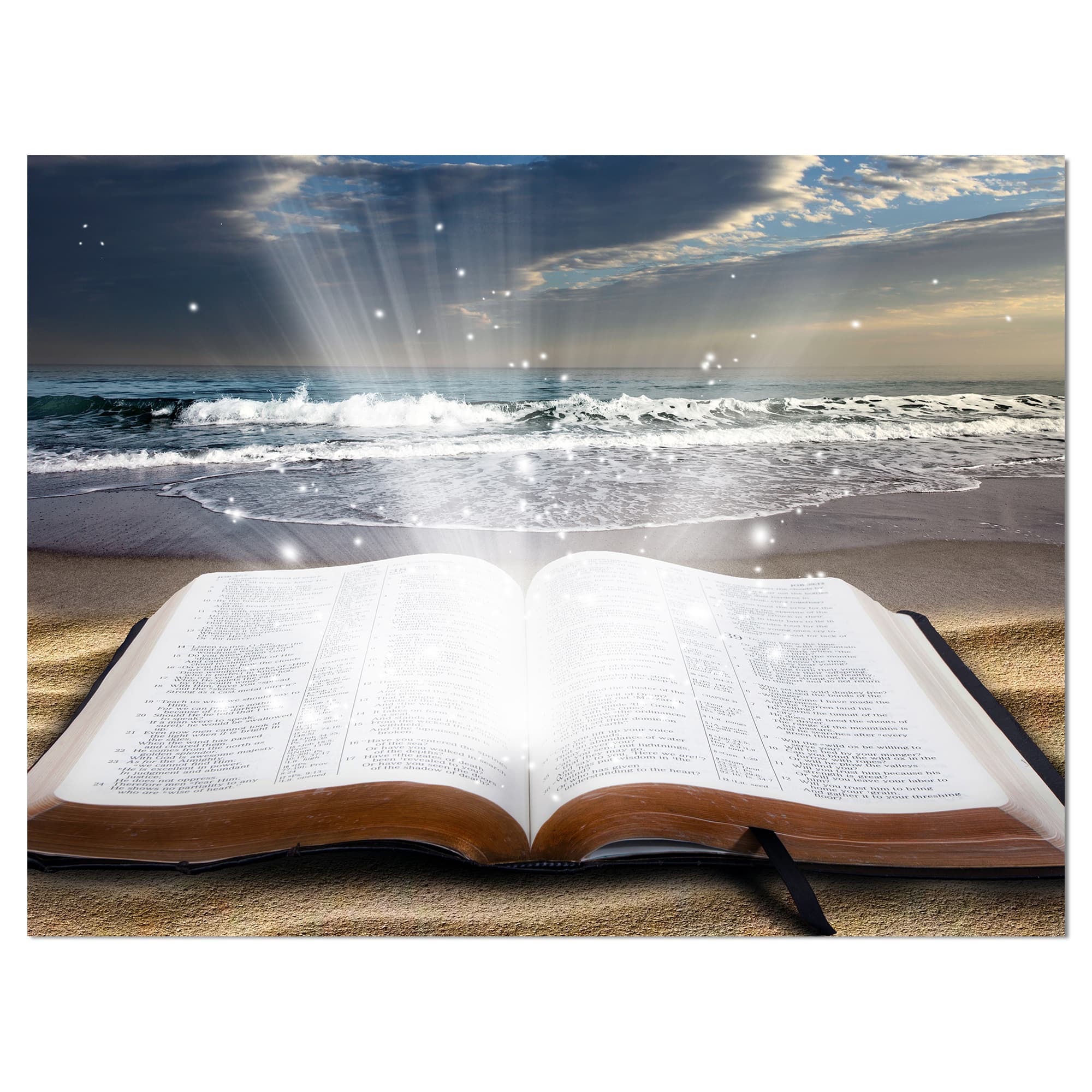 Designart - Jesus Bible at beach - Religious Art on Wrapped Canvas