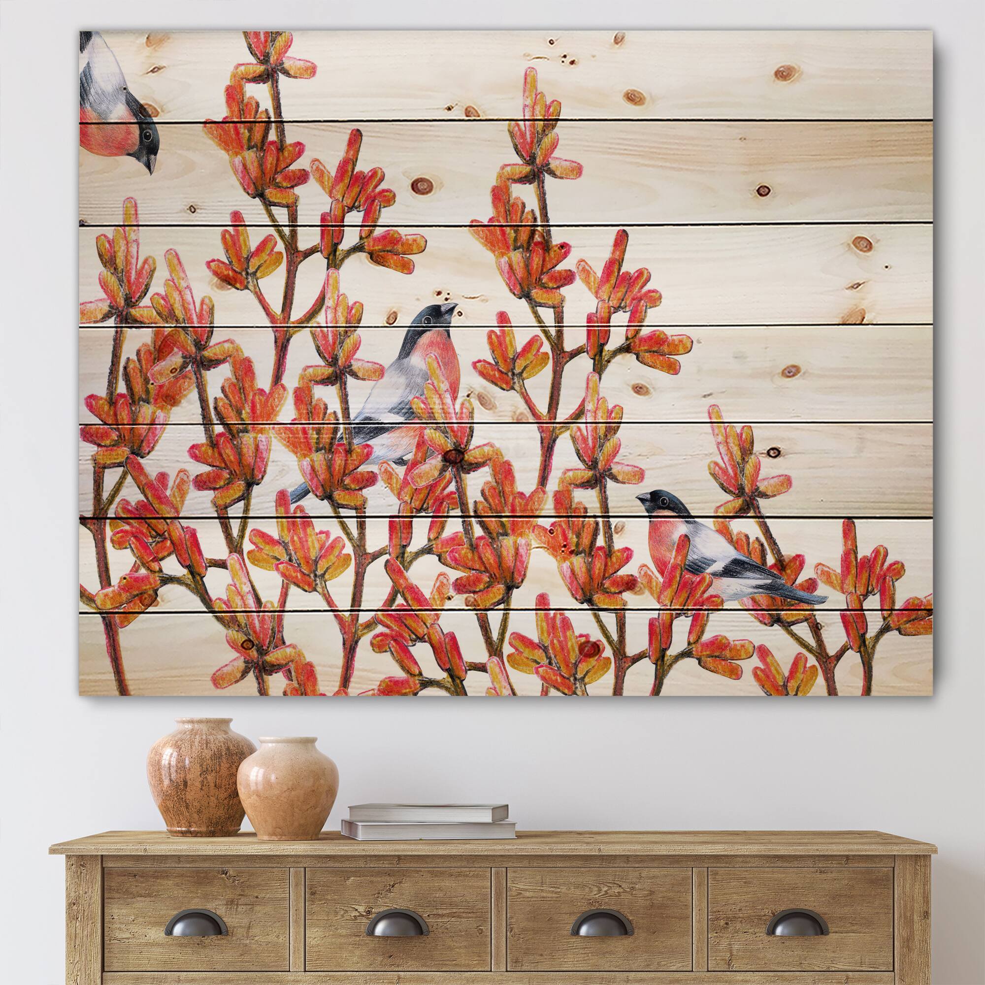 Designart - Flock of Bullfinches Birds on Orange Branches