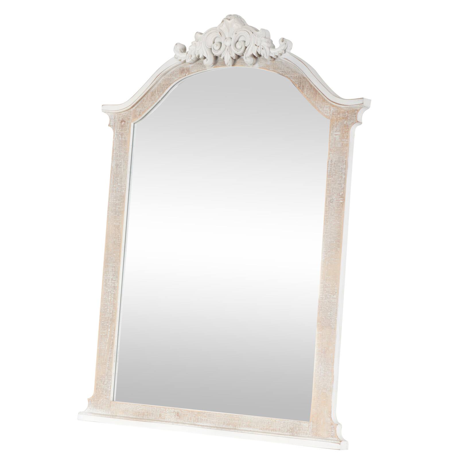 Cream Wooden Arched Scroll Room Wall Mirror with Brown Distressing