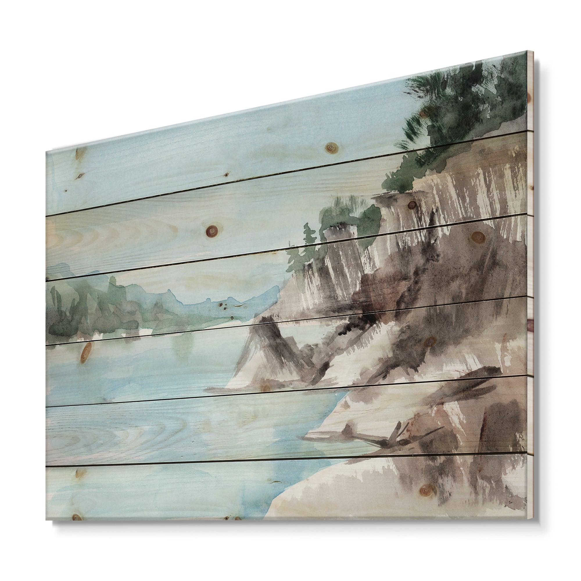 Designart - Rocks By The Blue Lake - Lake House Print on Natural Pine Wood