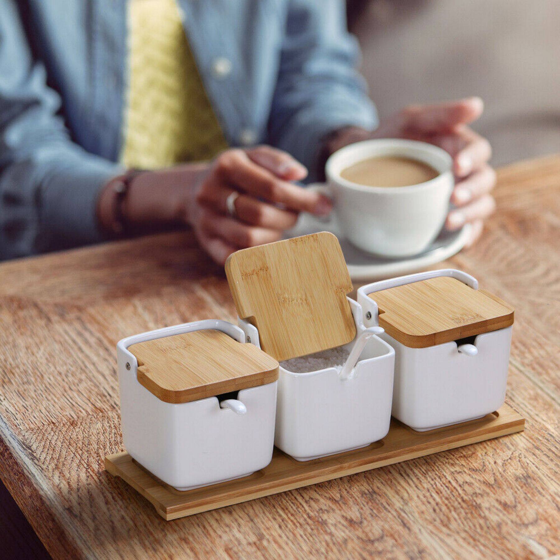 NEX&#x2122; White Ceramic Sugar Bowls with Spoon &#x26; Bamboo Lid Set