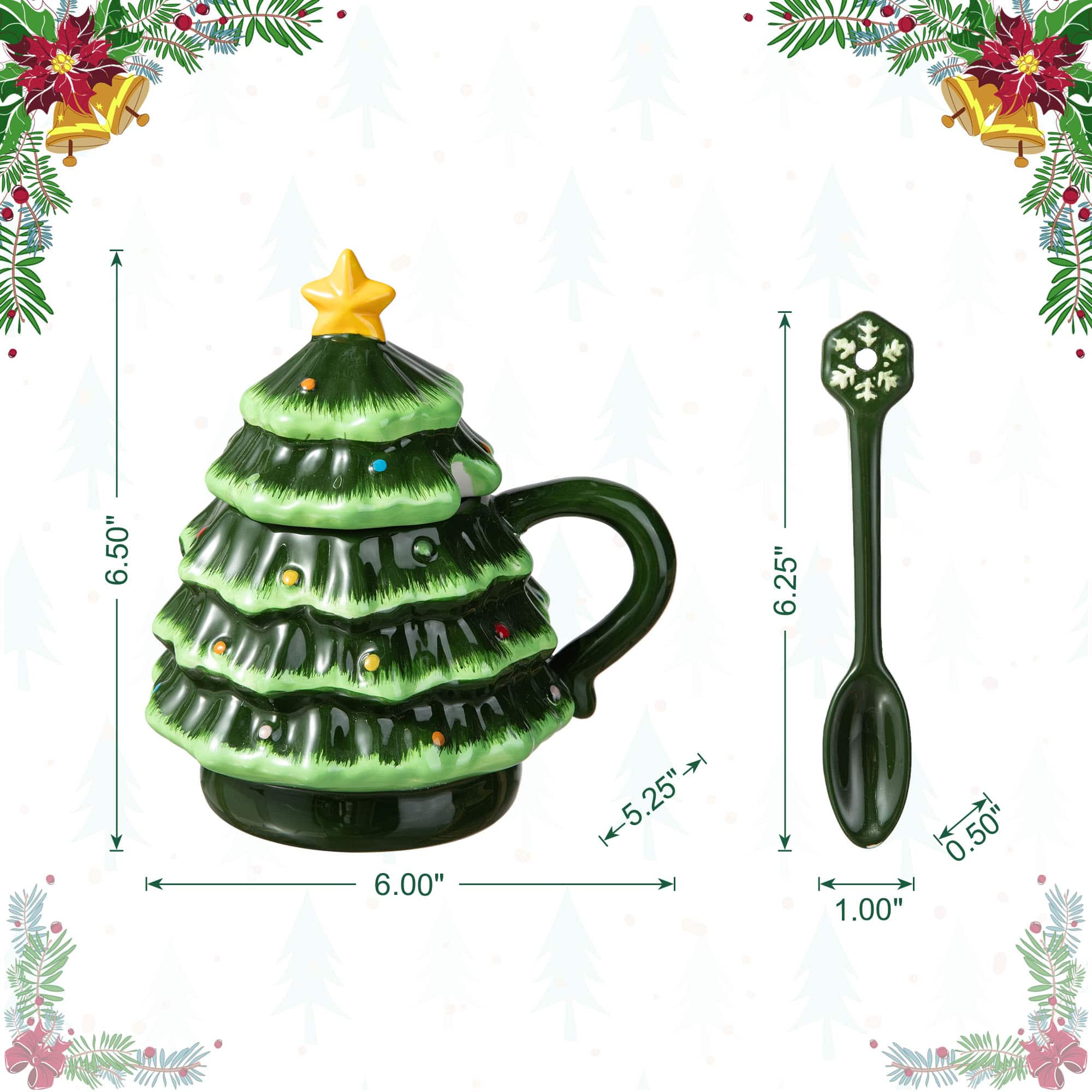 Glitzhome&#xAE; 6.5&#x22; Christmas Ceramic Tree Mug with Lid and Spoon