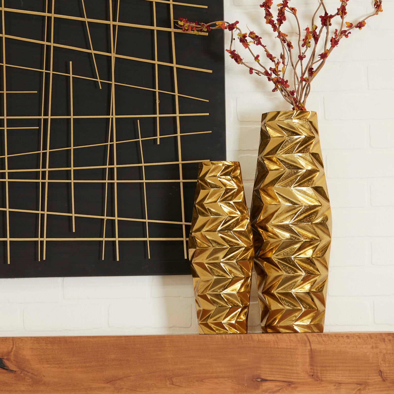 Gold Aluminum Modern Abstract Vase, Set of 2" 20", 15"