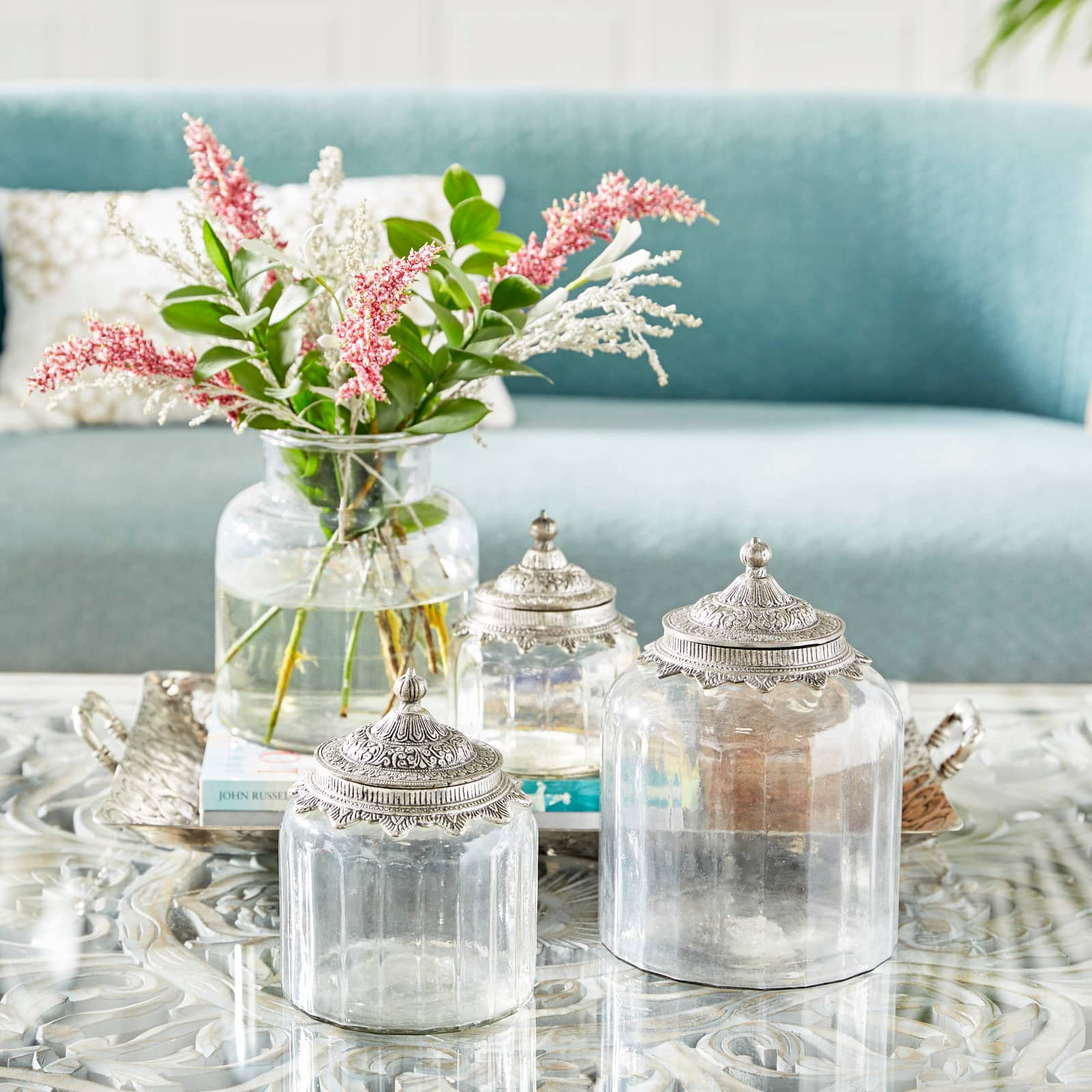 Clear Glass Decorative Jar Set with Silver Lids