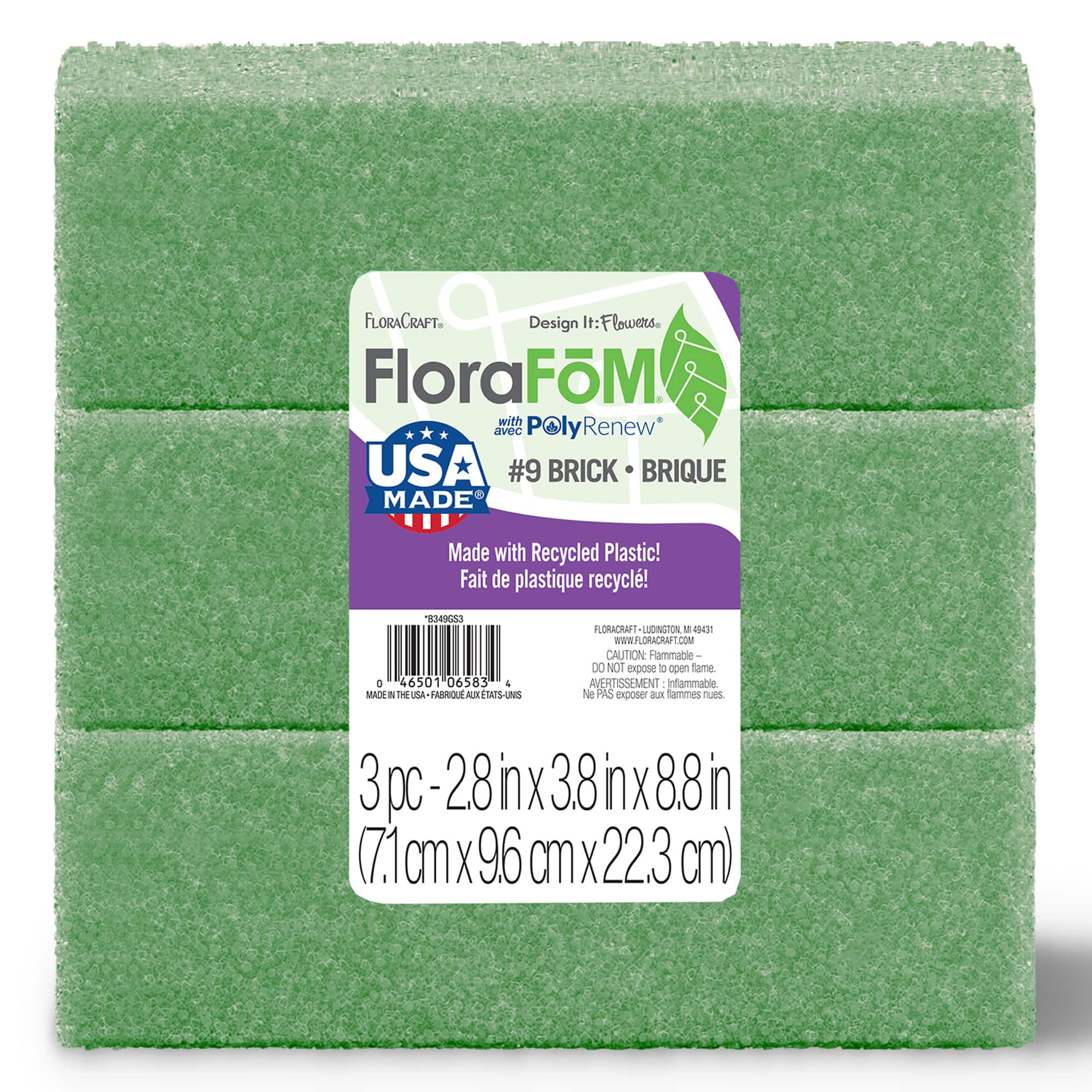 FloraCraft Floral Wet Foam 3 Piece Brick 2.8 inch x 3.8 inch x 8.8 inch  Green