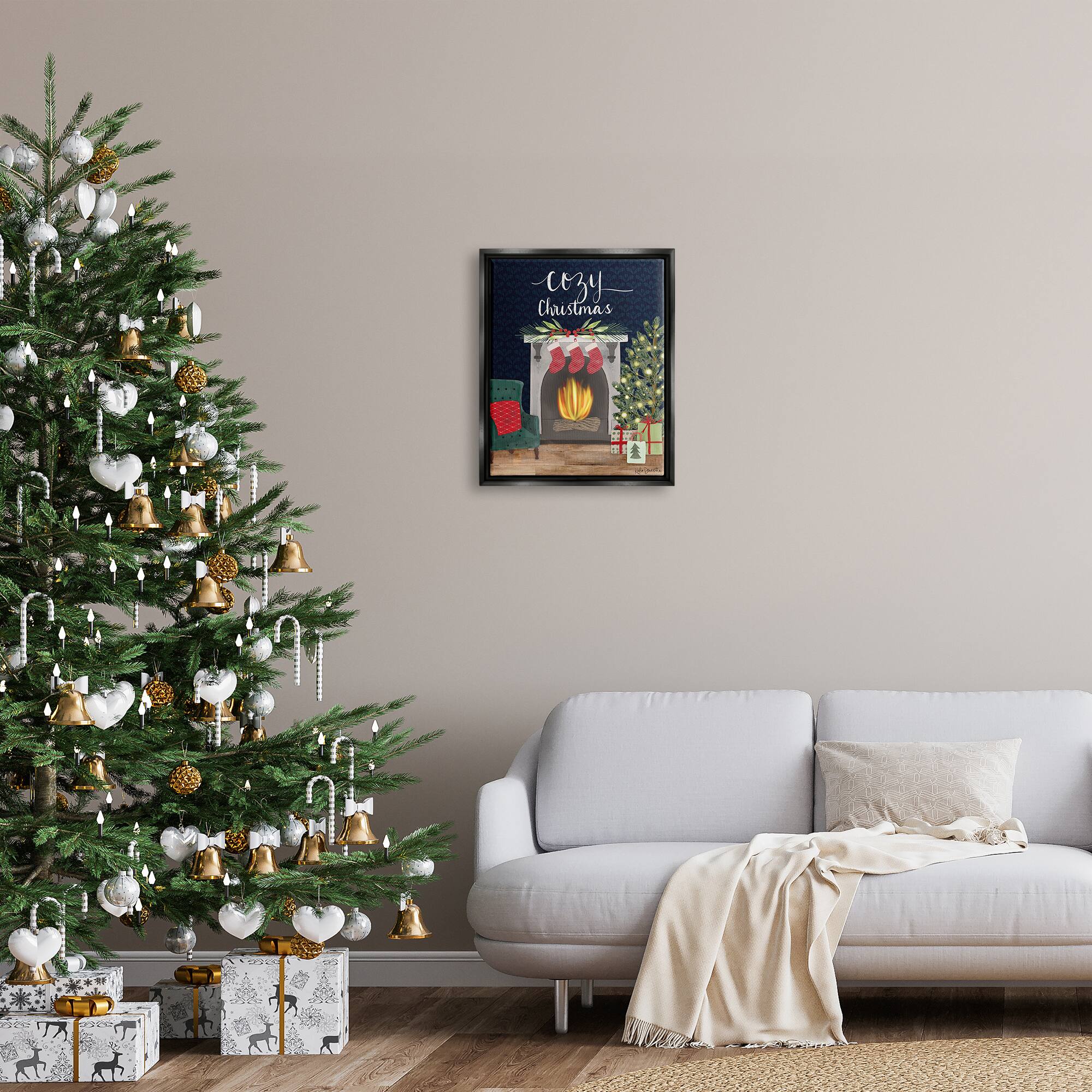 Stupell Industries Cozy Christmas Fireplace Mantel Framed Floater Canvas Wall Art