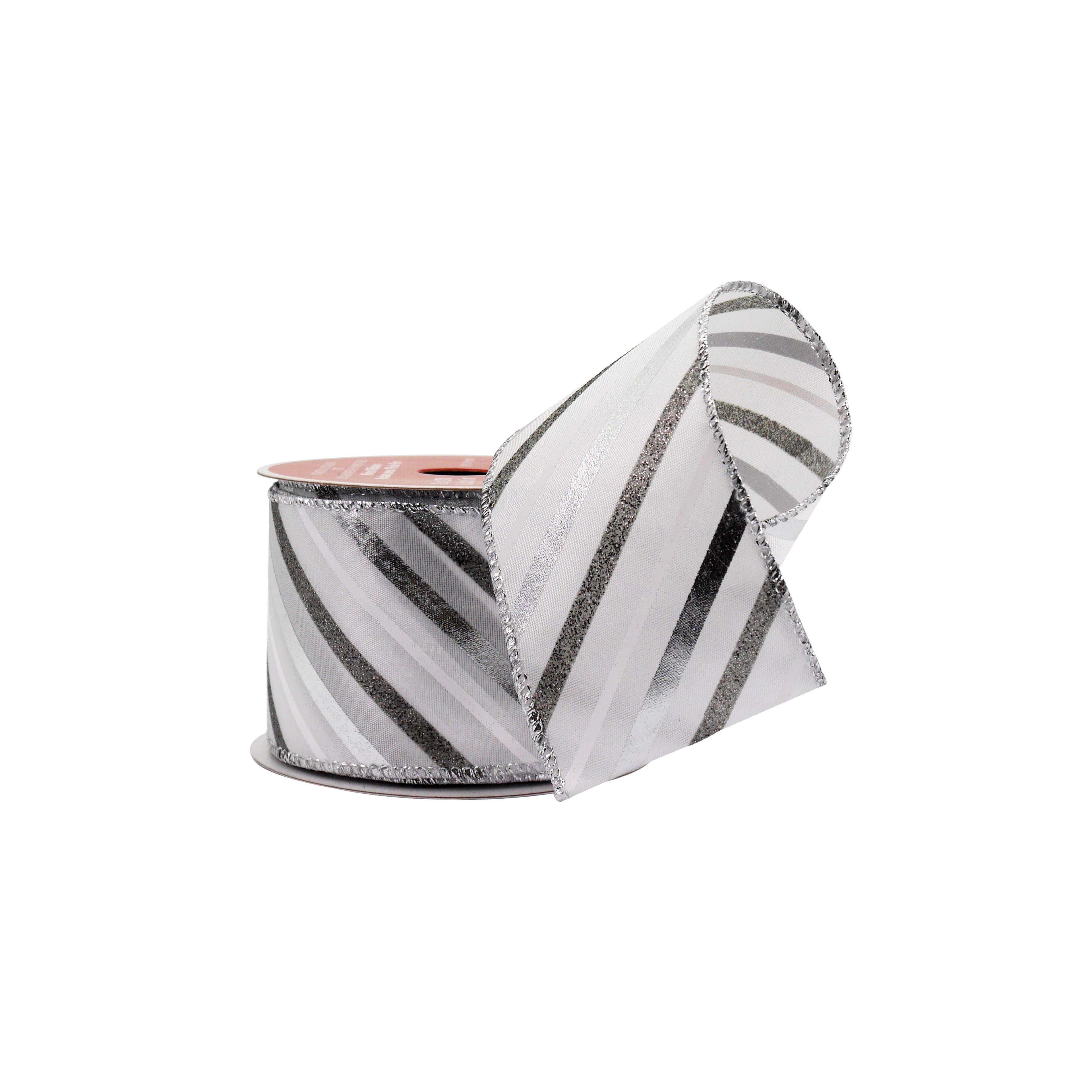 2.5&#x22; x 20ft. Silver Stripes White Taffeta Wired Ribbon by Celebrate It&#xAE;