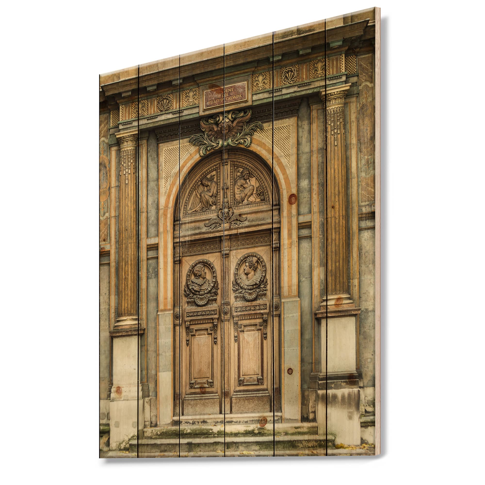 Designart - Old Wooden Door With Carvings in Paris, France - Vintage Print on Natural Pine Wood