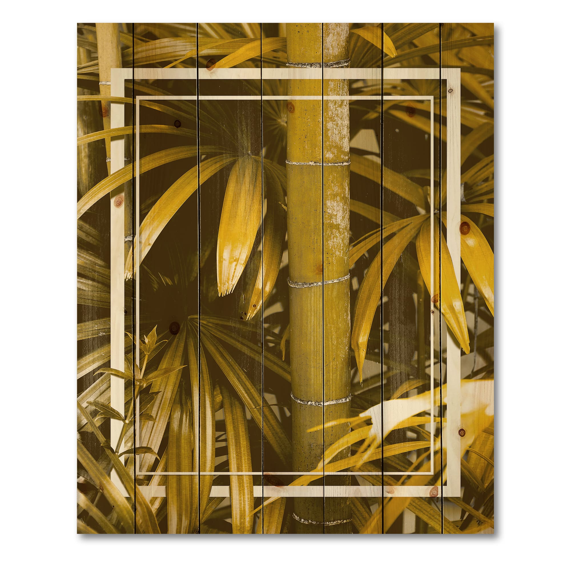 Designart - Yellow Bamboo and Tropical Leaves - Tropical Print on Natural Pine Wood