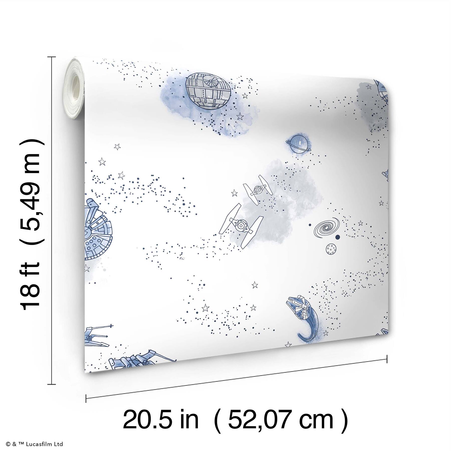 RoomMates STAR WARS Good Night Galaxy Blue and white STAR WARS&#x2122; Peel and Stick Wallpaper 20.5&#x22; x 18-ft roll covers about 30.8 sq. ft
