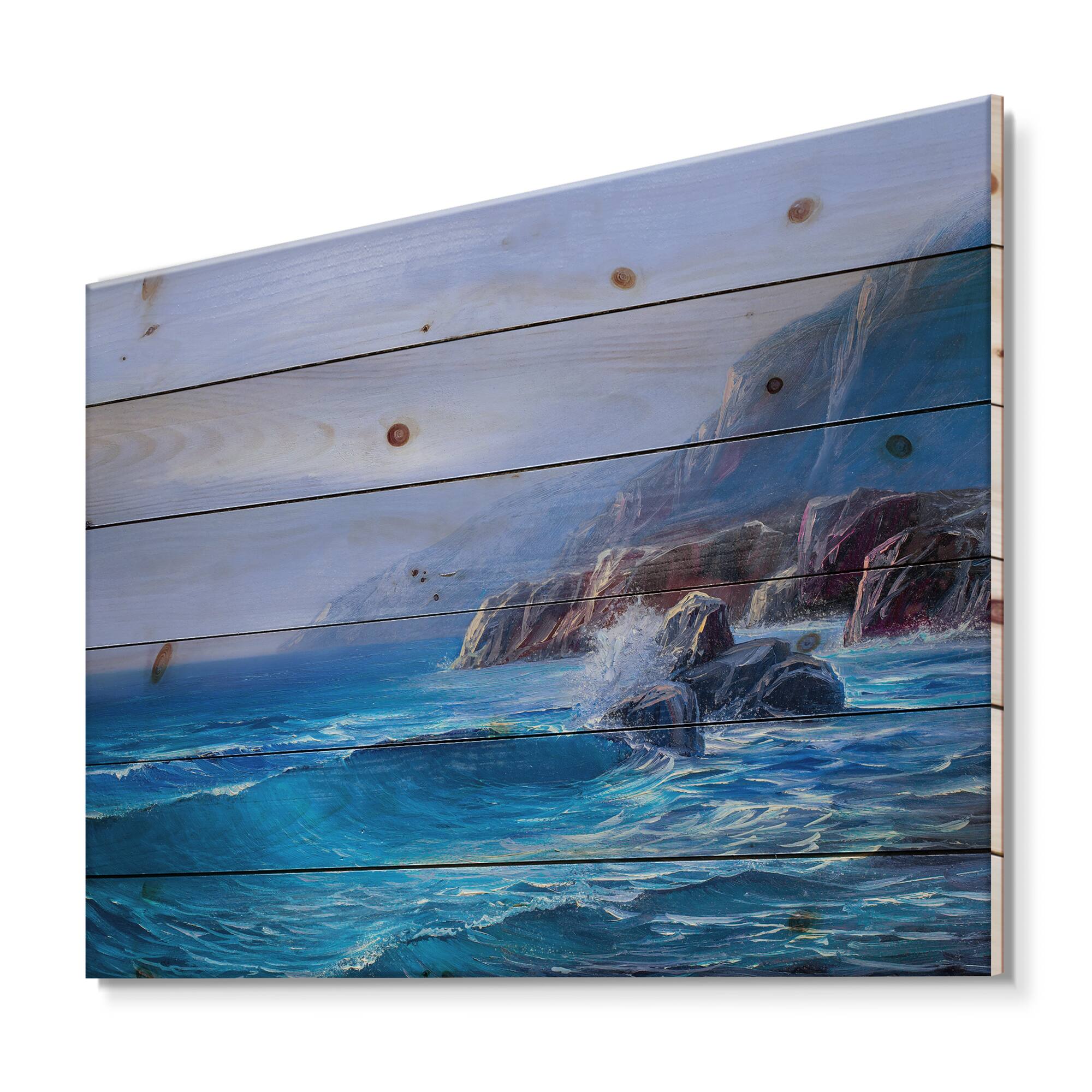 Designart - Morning On Sea Wave Paints On A Canvas - Nautical & Coastal Print on Natural Pine Wood