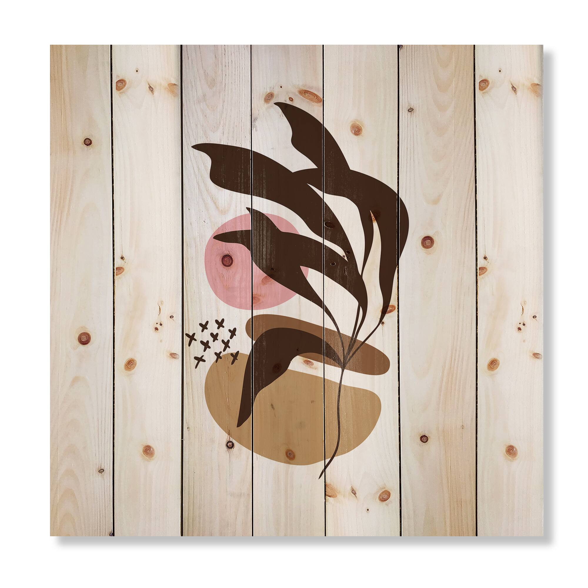 Designart - Elementary Shapes With Abstract Plants - Modern Print on Natural Pine Wood