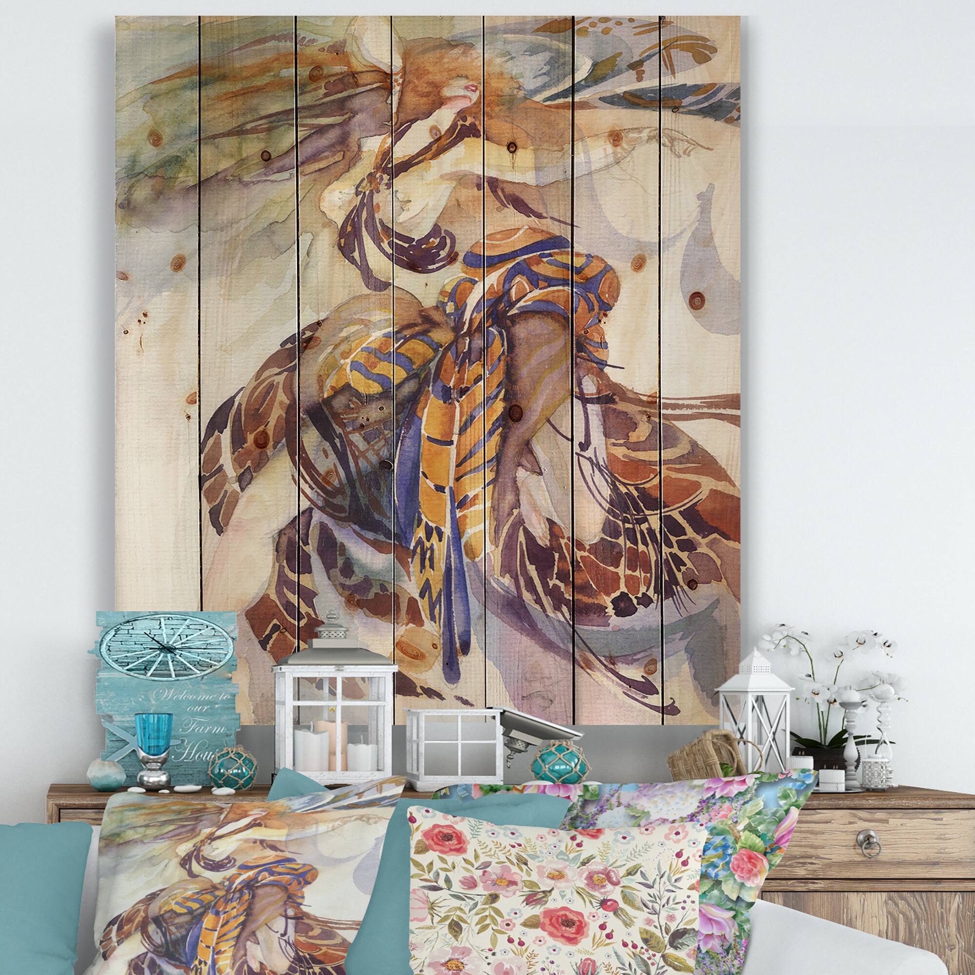 Designart - Allegory of Paradise Bird - Traditional Print on Natural Pine Wood