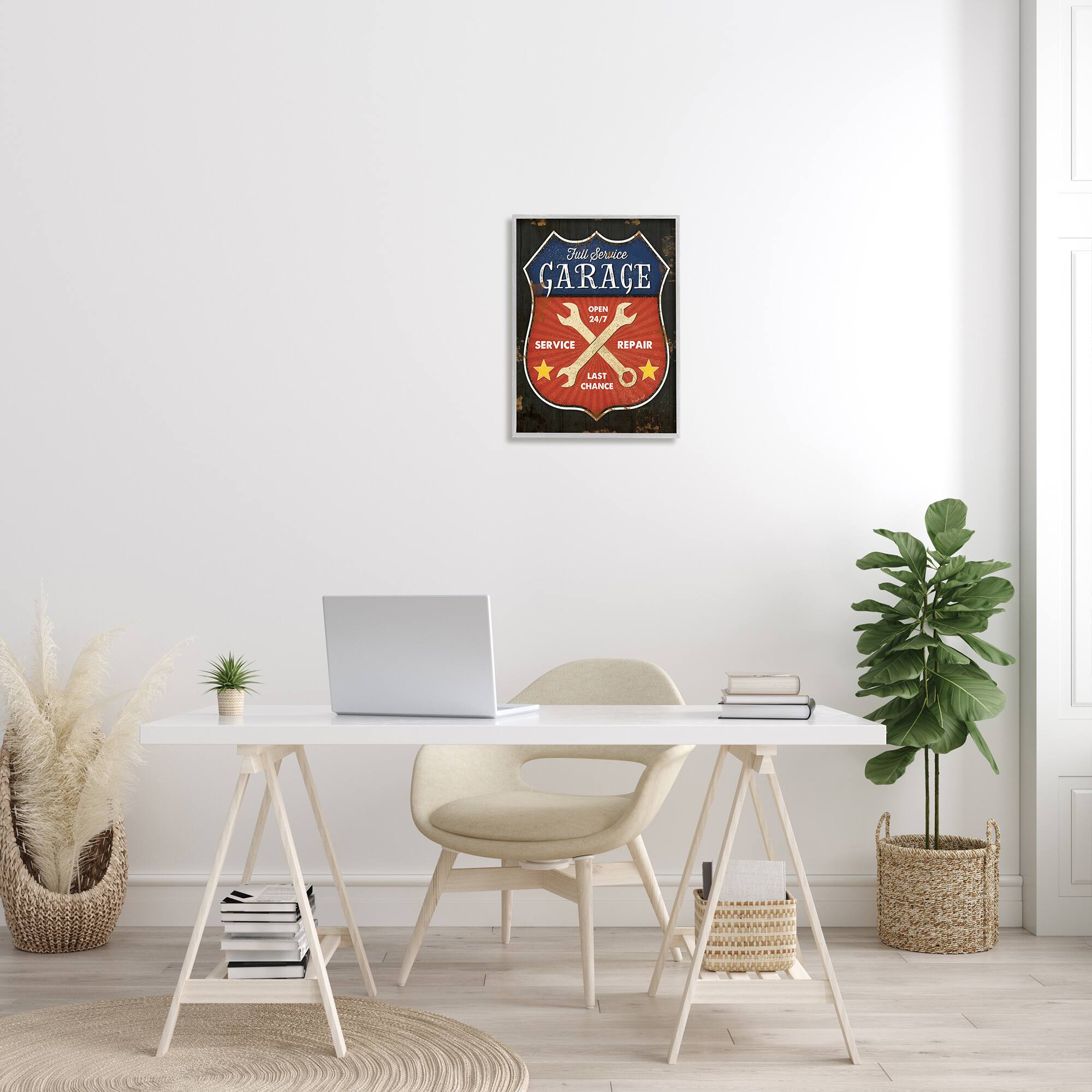 Stupell Industries Full Service Garage Sign Rustic Americana Highway Symbol in Gray Frame Wall Art