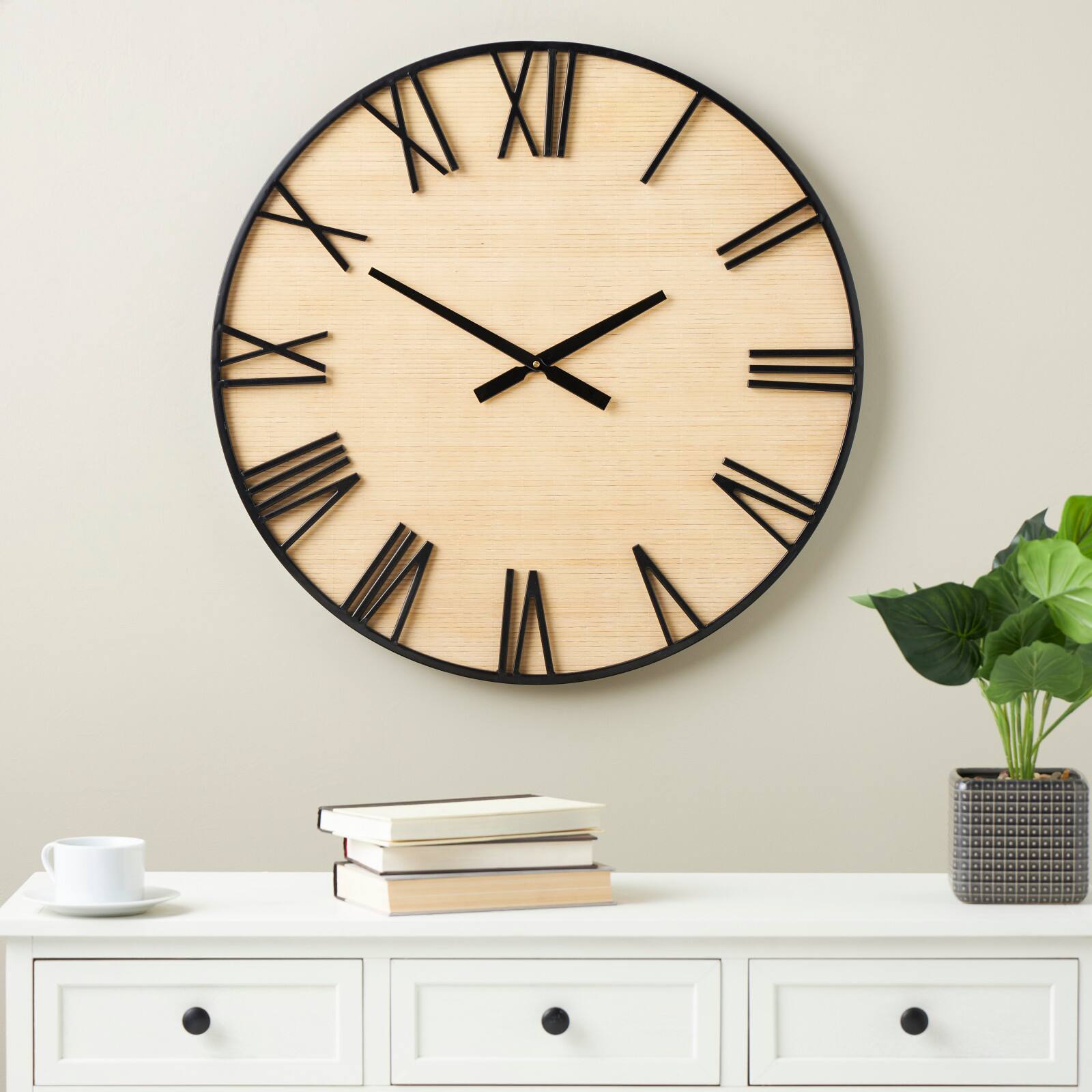 28&#x22; Light Brown Wall Clock with Black Metal Frame
